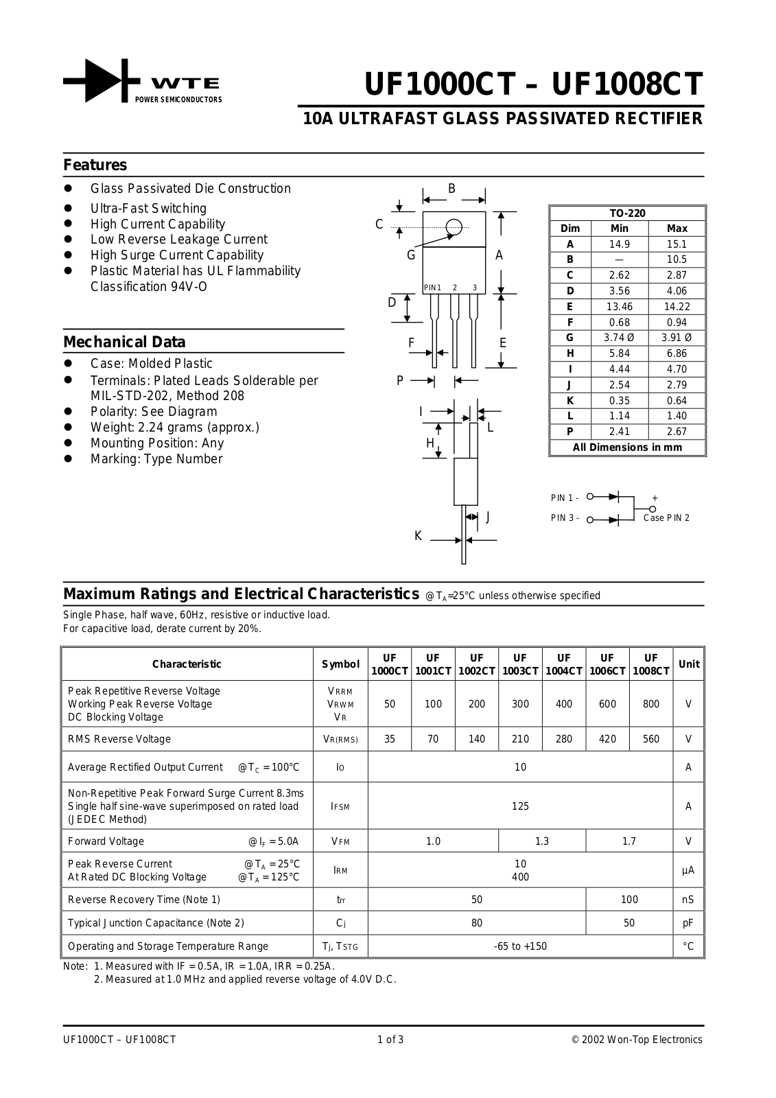 WTE UF1008CT, UF1003CT, UF1001CT, UF1002CT, UF1006CT Datasheet