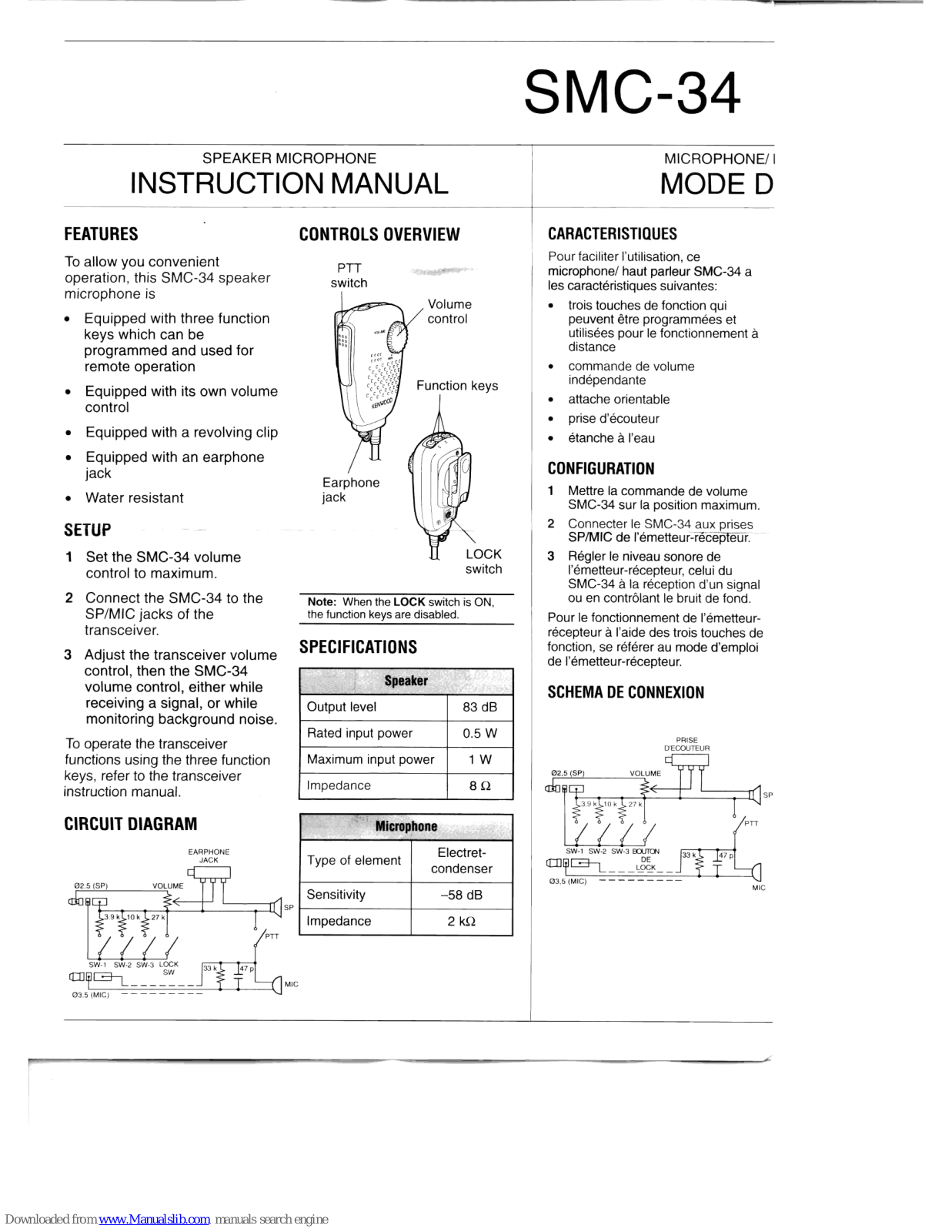 Kenwood SMC-34 - Speaker Microphone Instruction Manual