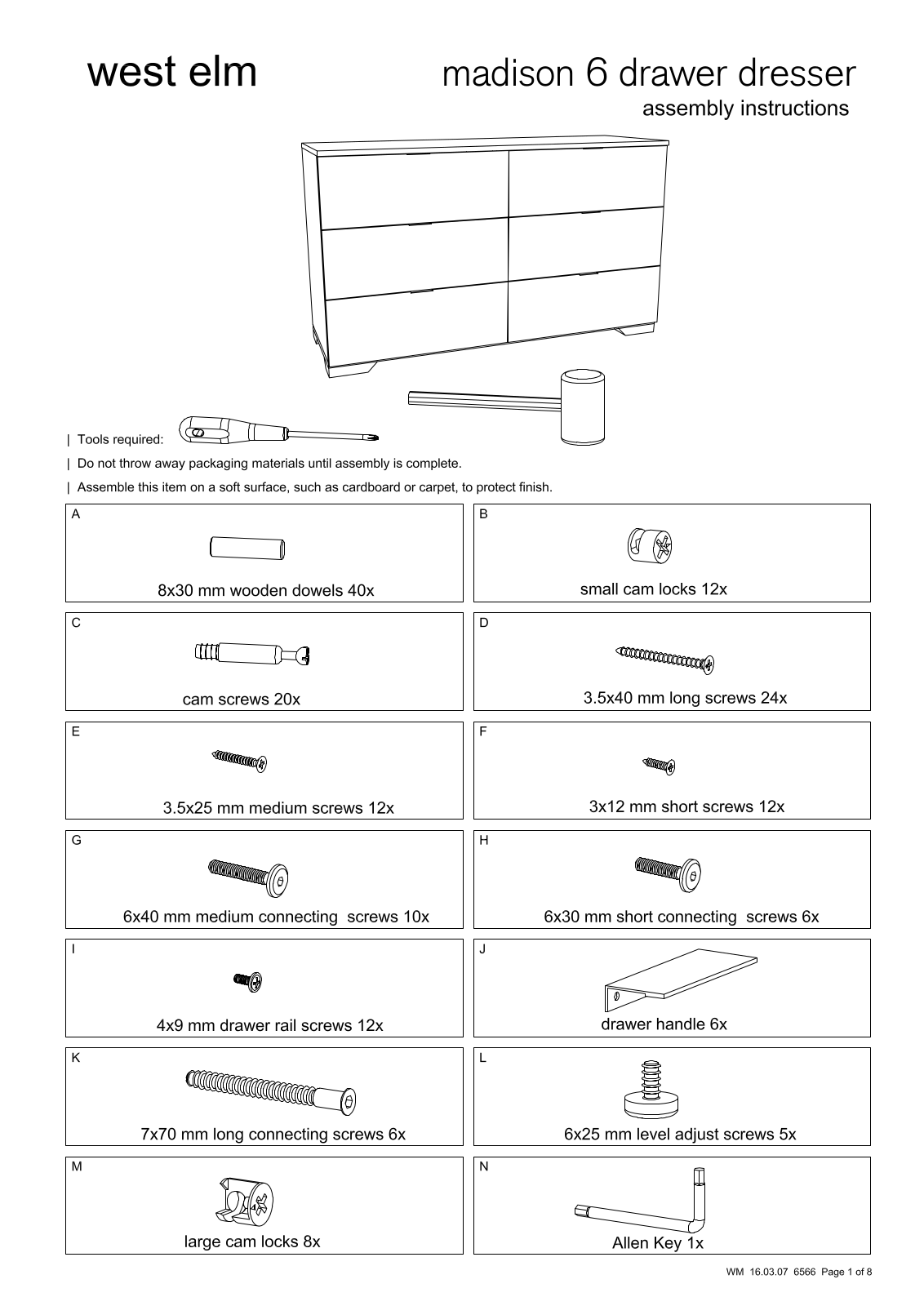 West Elm Madison 6 Drawer Dresser Assembly Instruction