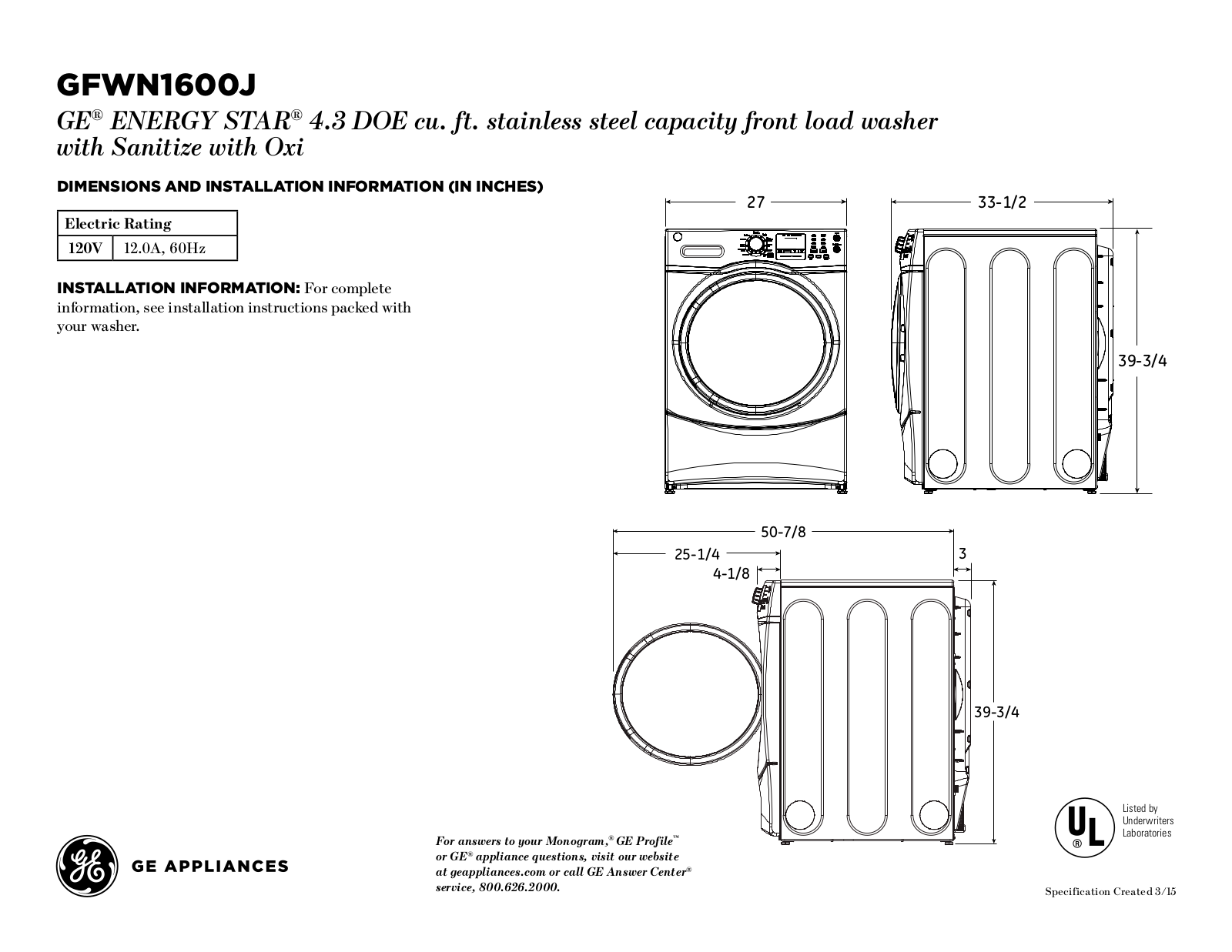 General Electric GFWN1600JWW Specsheet