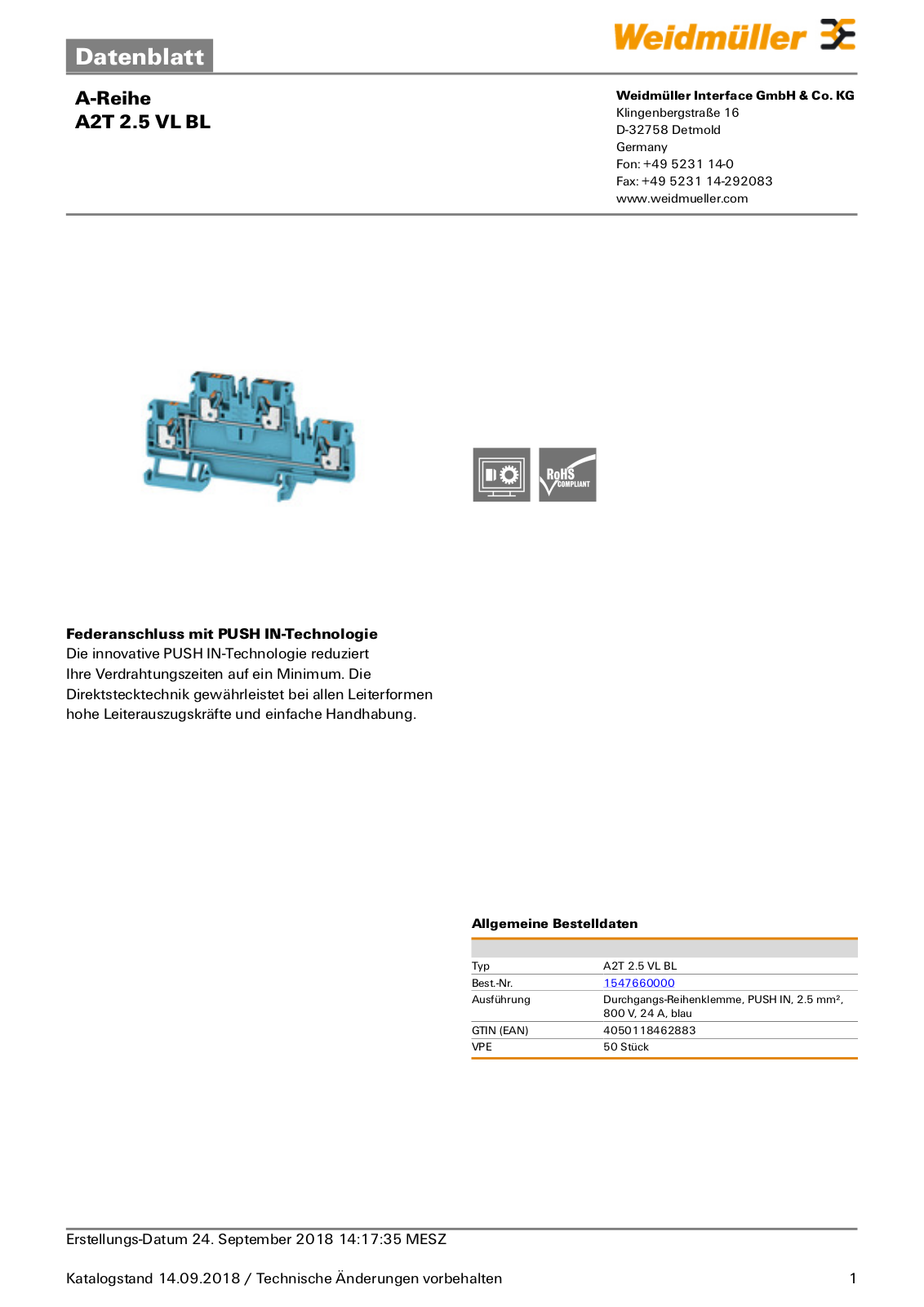 WEIDMÜLLER A2T 2.5 VL BL Datasheet