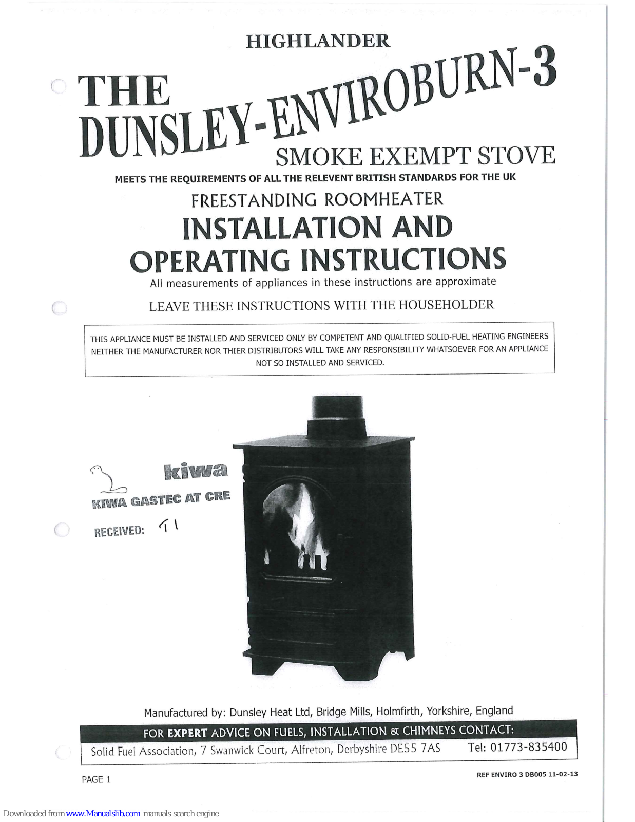 Dunsley Heat Highlander 3 Installation And Operating Instructions Manual