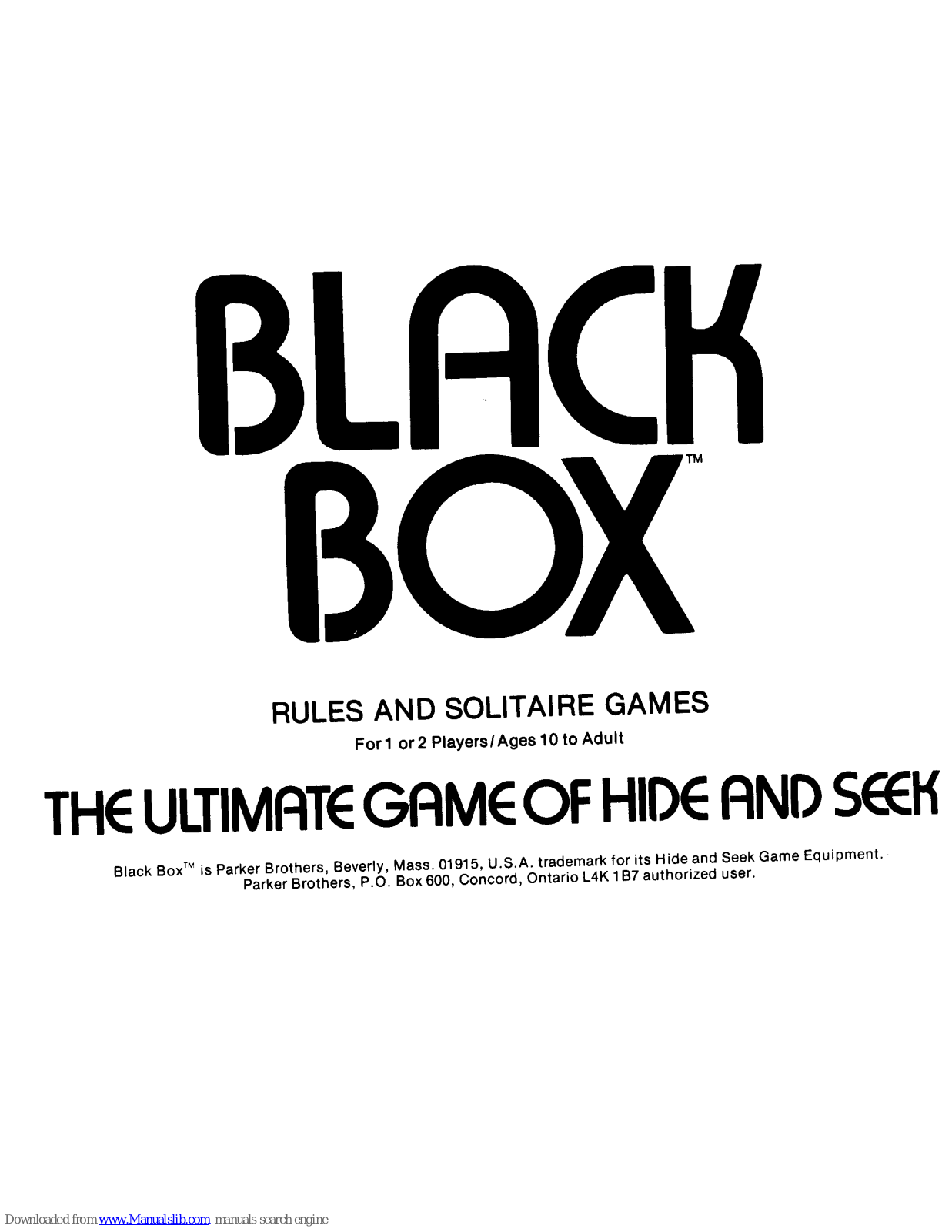 Parker Brothers Black Box Instructions Manual