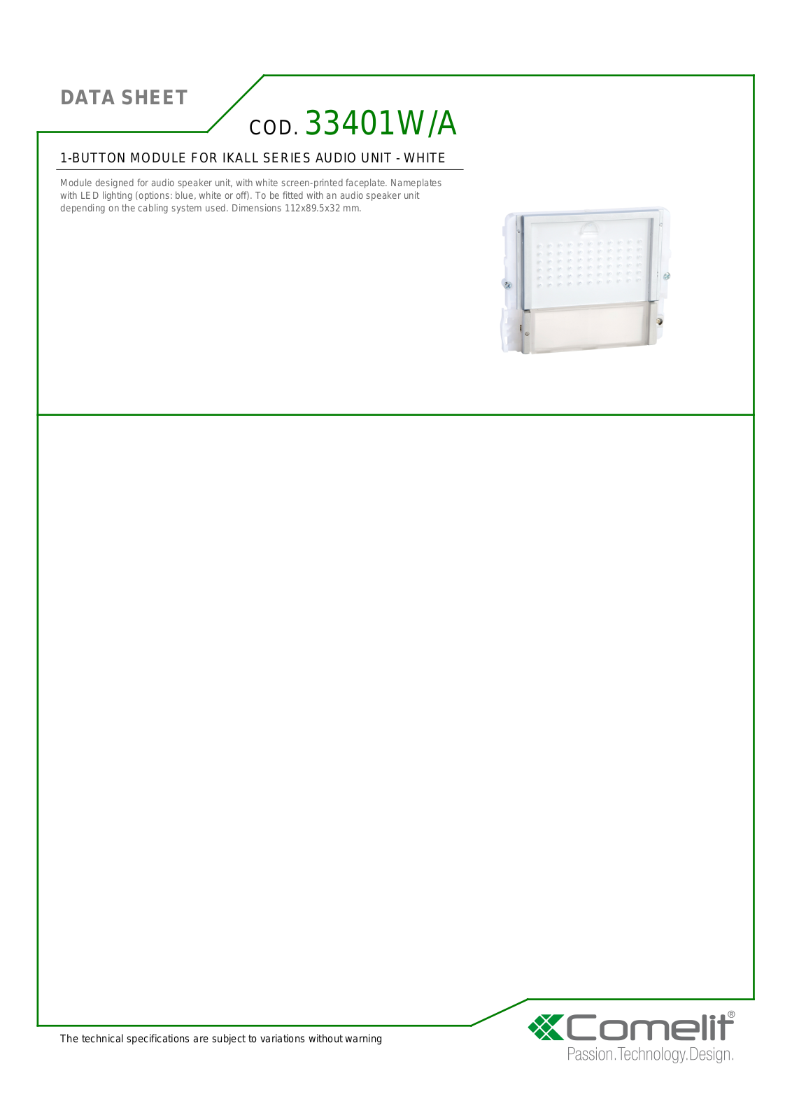 Comelit 3340-1W Specsheet