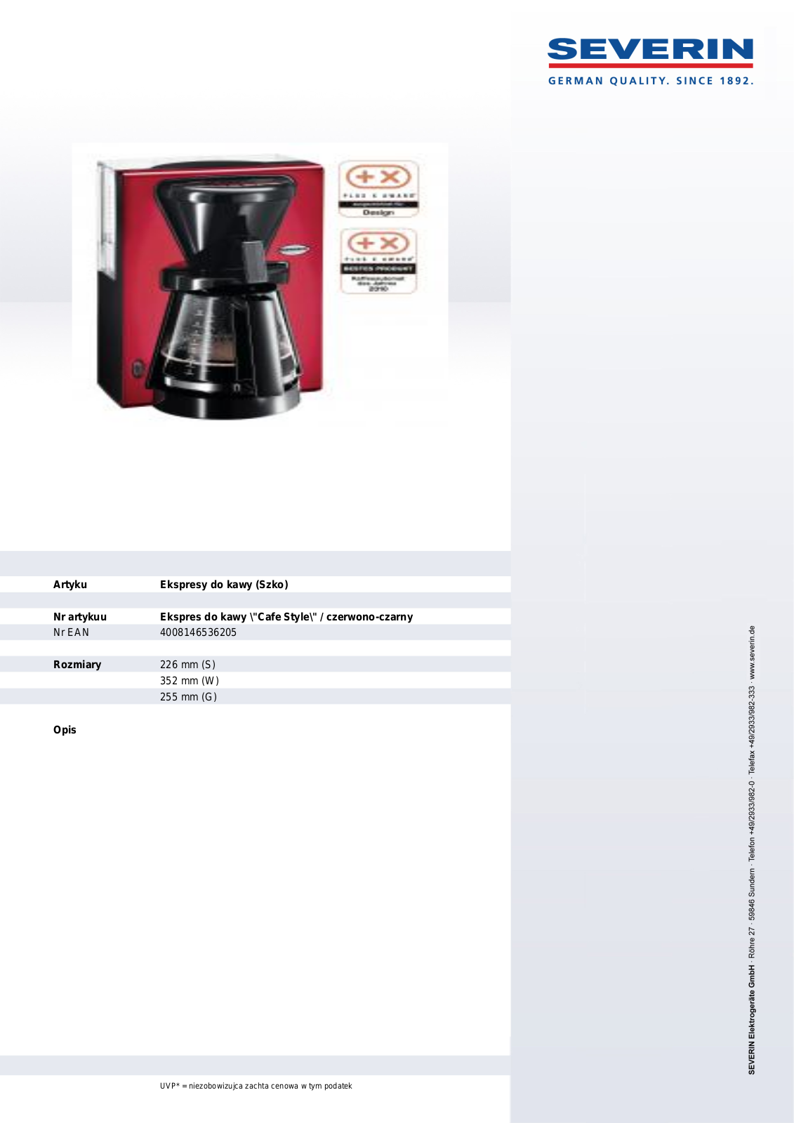 Severin KA 5362 PRODUCT DESCRIPTION