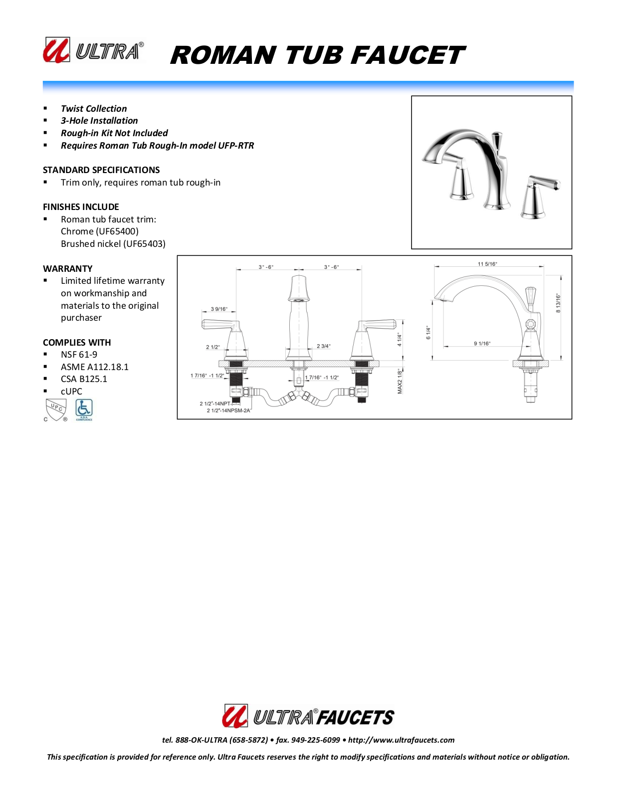 Ultra Faucets LTR10023 Specifications - ManualMachine.com