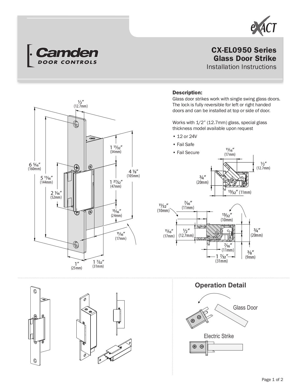 Camden Door Controls CX-EL0955, CX-EL0958, CX-EU0955, CX-EU0958 User Manual