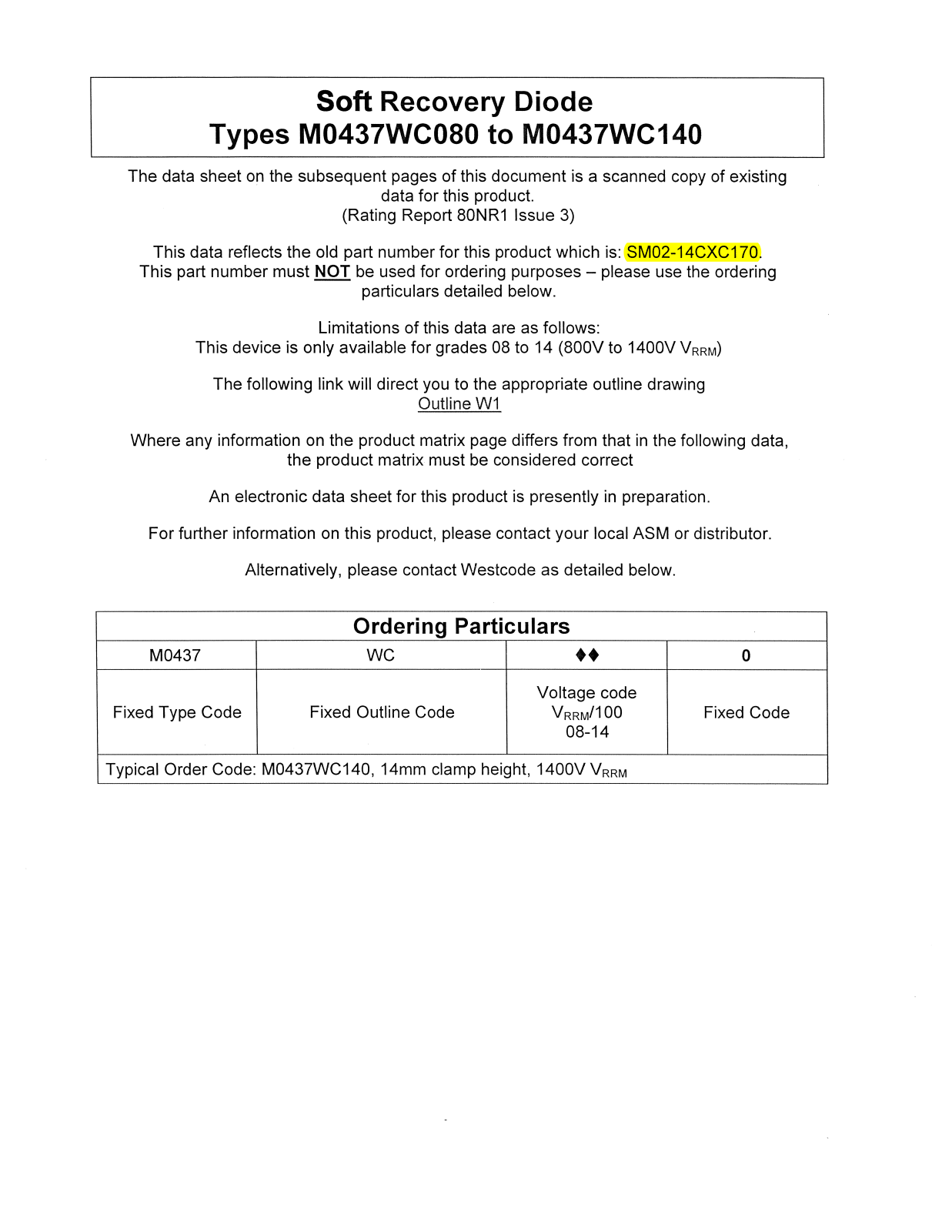 Datasheet M0437WC080, M0437WC140 Datasheet (Westcode Semiconductors) - ManualMachine.com