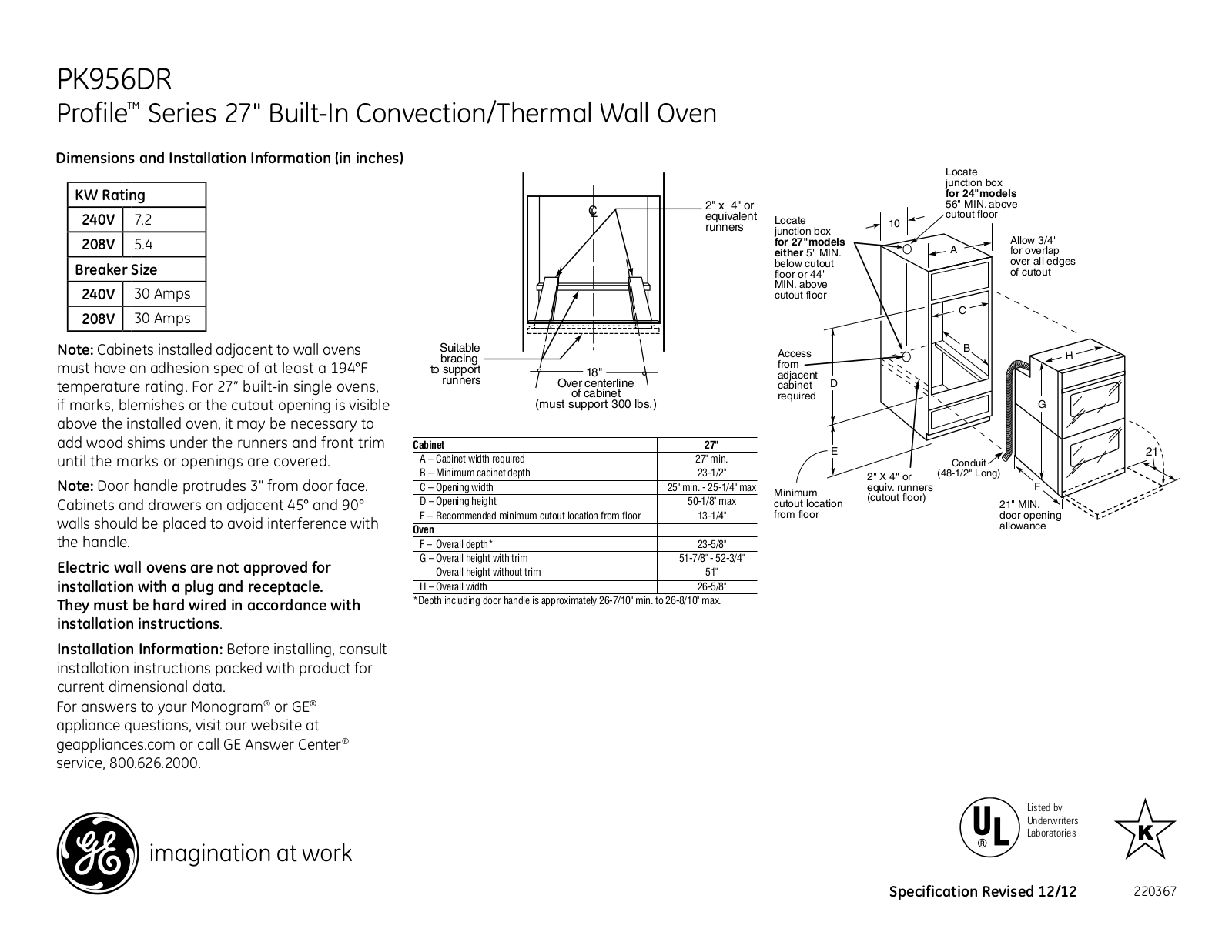 GE PK956DR Specification