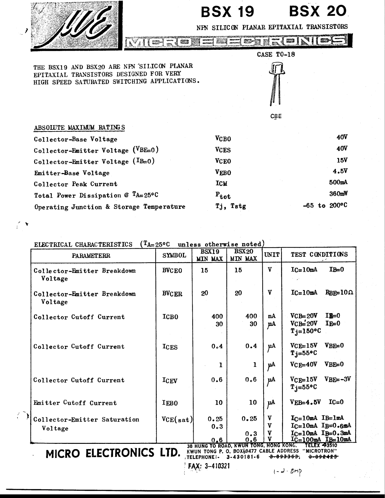 ME BSX20, BSX19 Datasheet