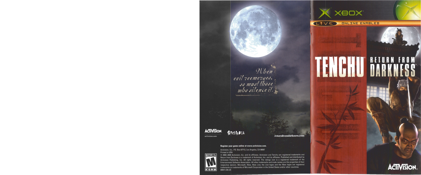 Games Microsoft XBOX TENCHU-RETURN FROM DARKNESS User Manual