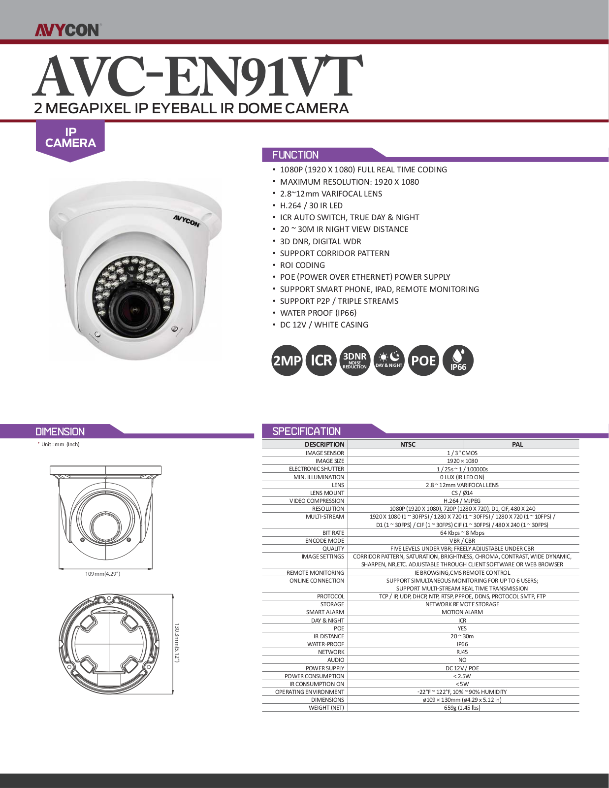 Avycon AVC-EN91VT Specsheet