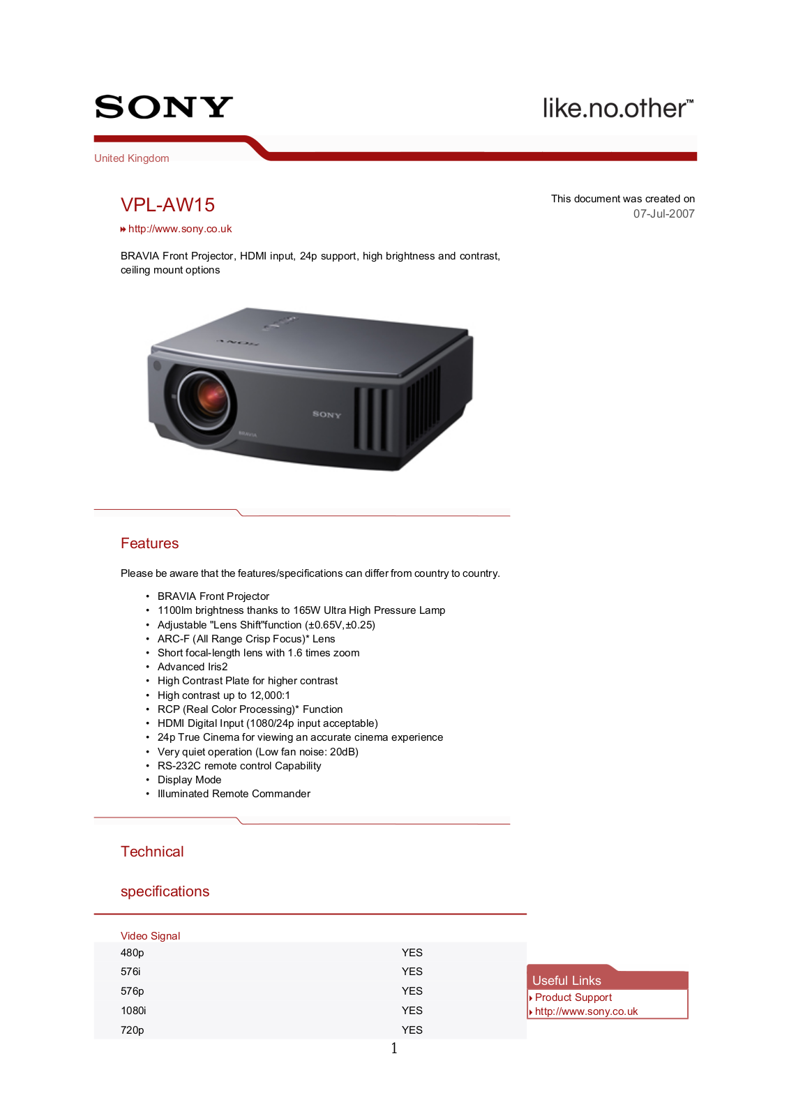 Sony VPL-AW15 Product Sheet