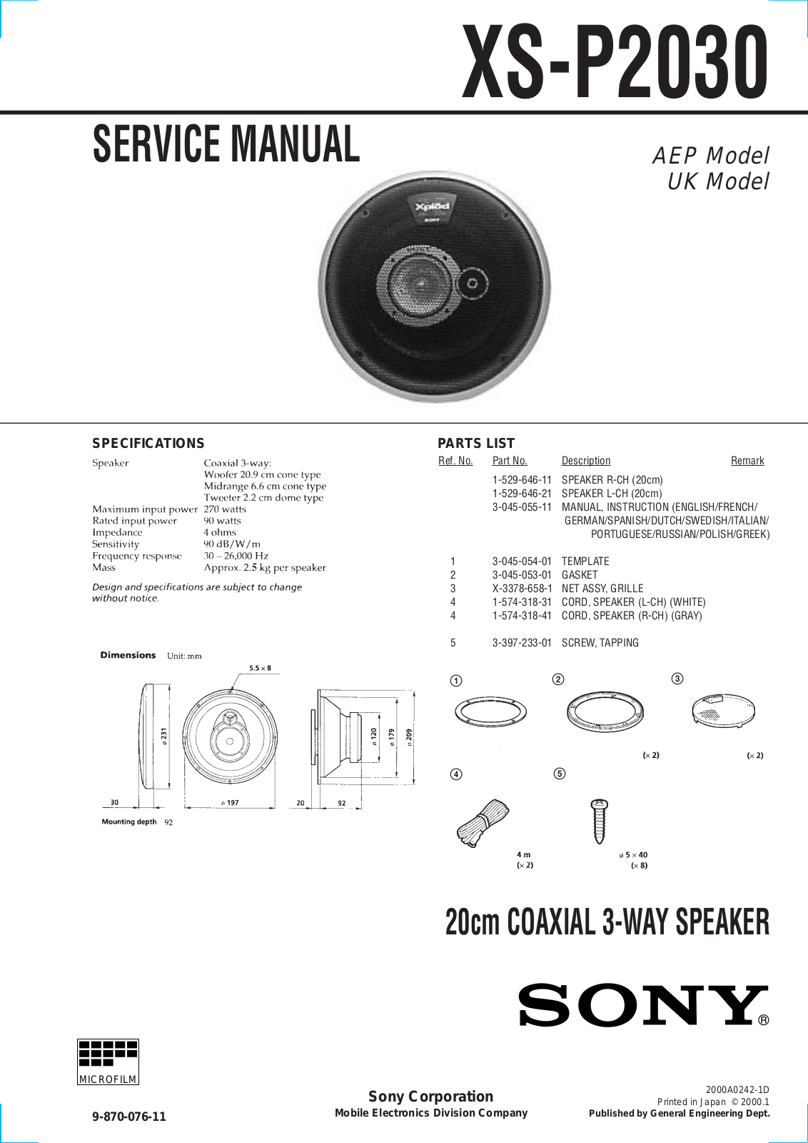 Sony XS-P2030 Service Manual