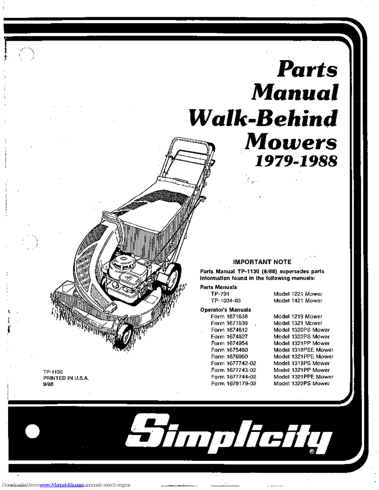 Simplicity 1221 Mower, 1291 Mower, 1319PS, 1320PS, 1321 Mower Parts Manual