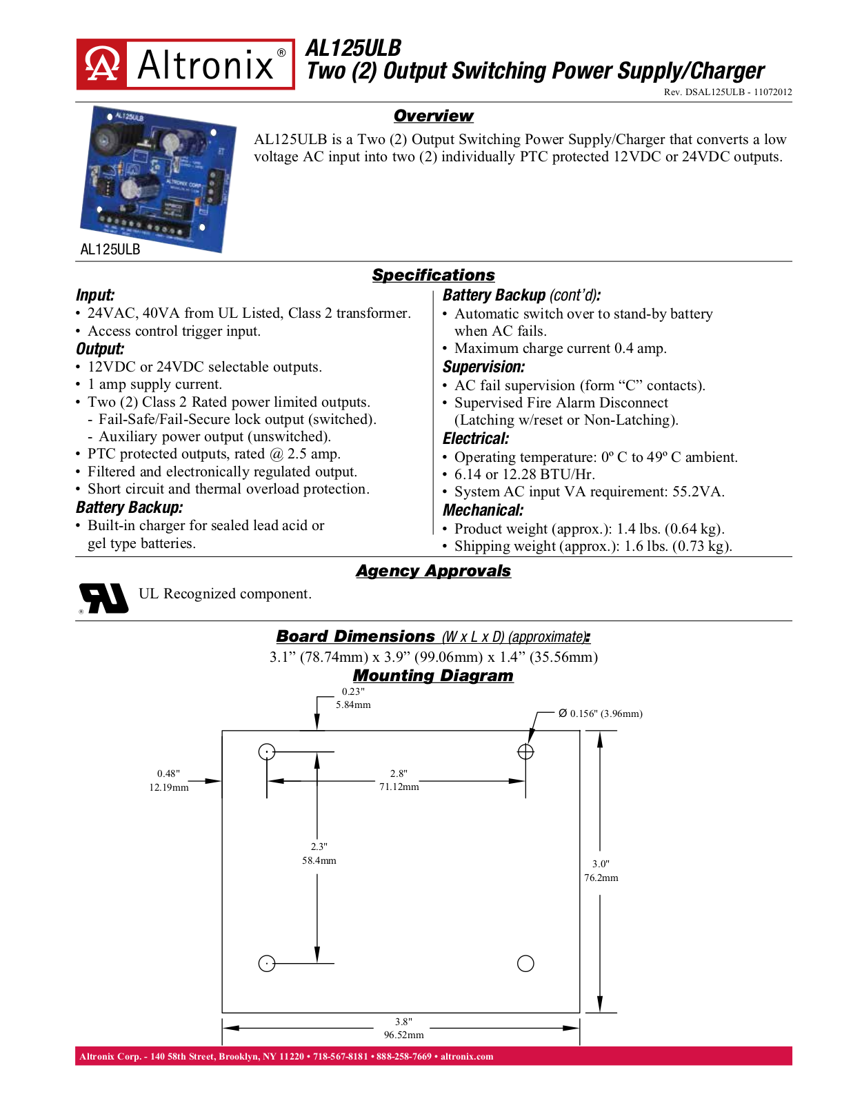 Altronix AL125ULB Specsheet