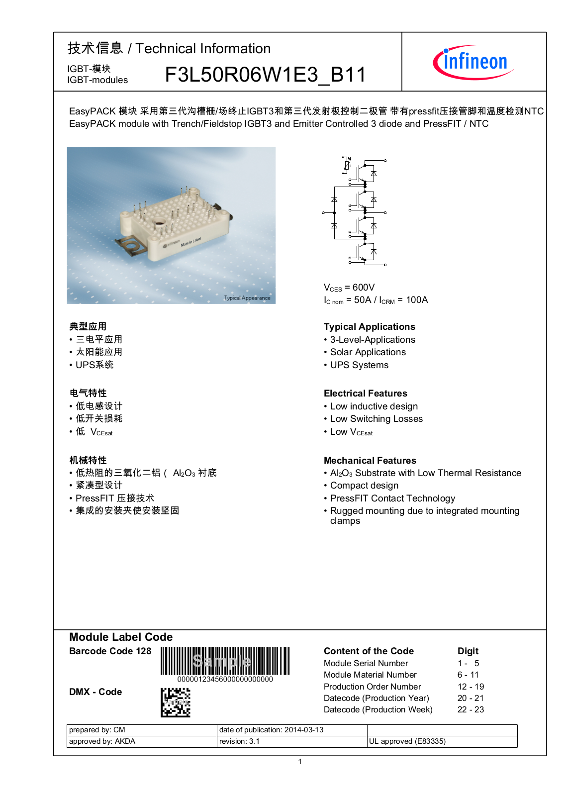 Infineon F3L50R06W1E3-B11 Data Sheet