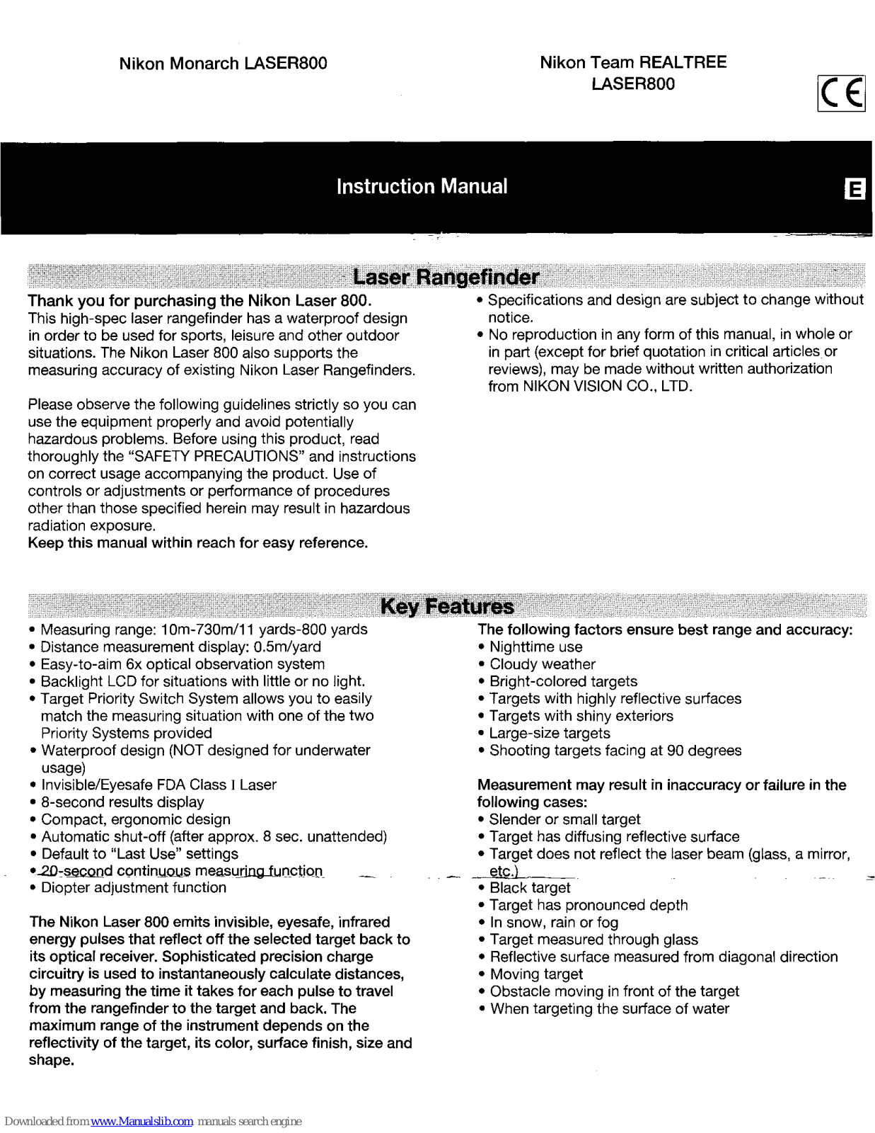 Nikon Laser 800, 7433 - Team Realtree Laser 800 Rangefinder, F5 Instruction Manual