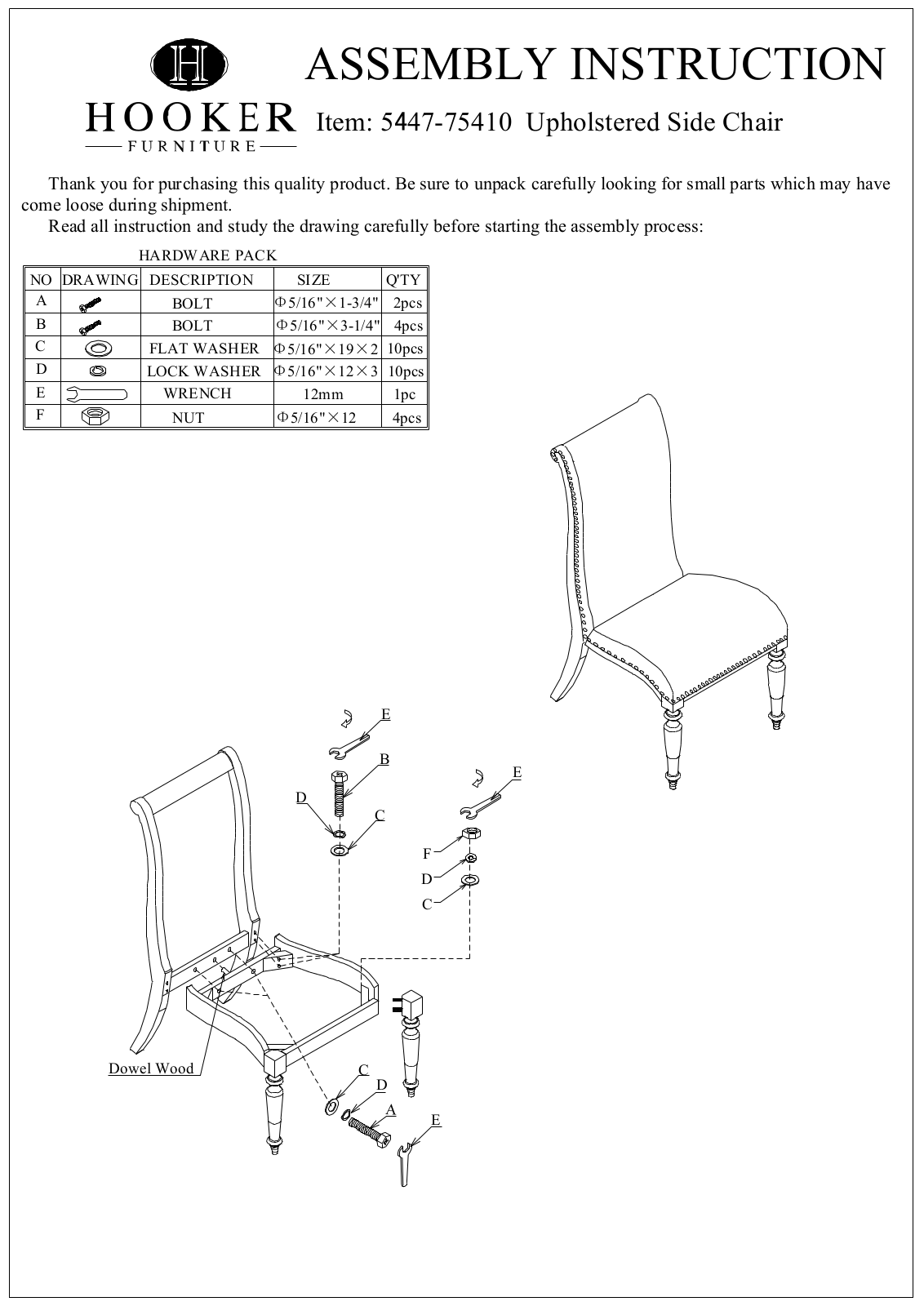 Hooker Furniture 544775410, 544775410SC Assembly Guide