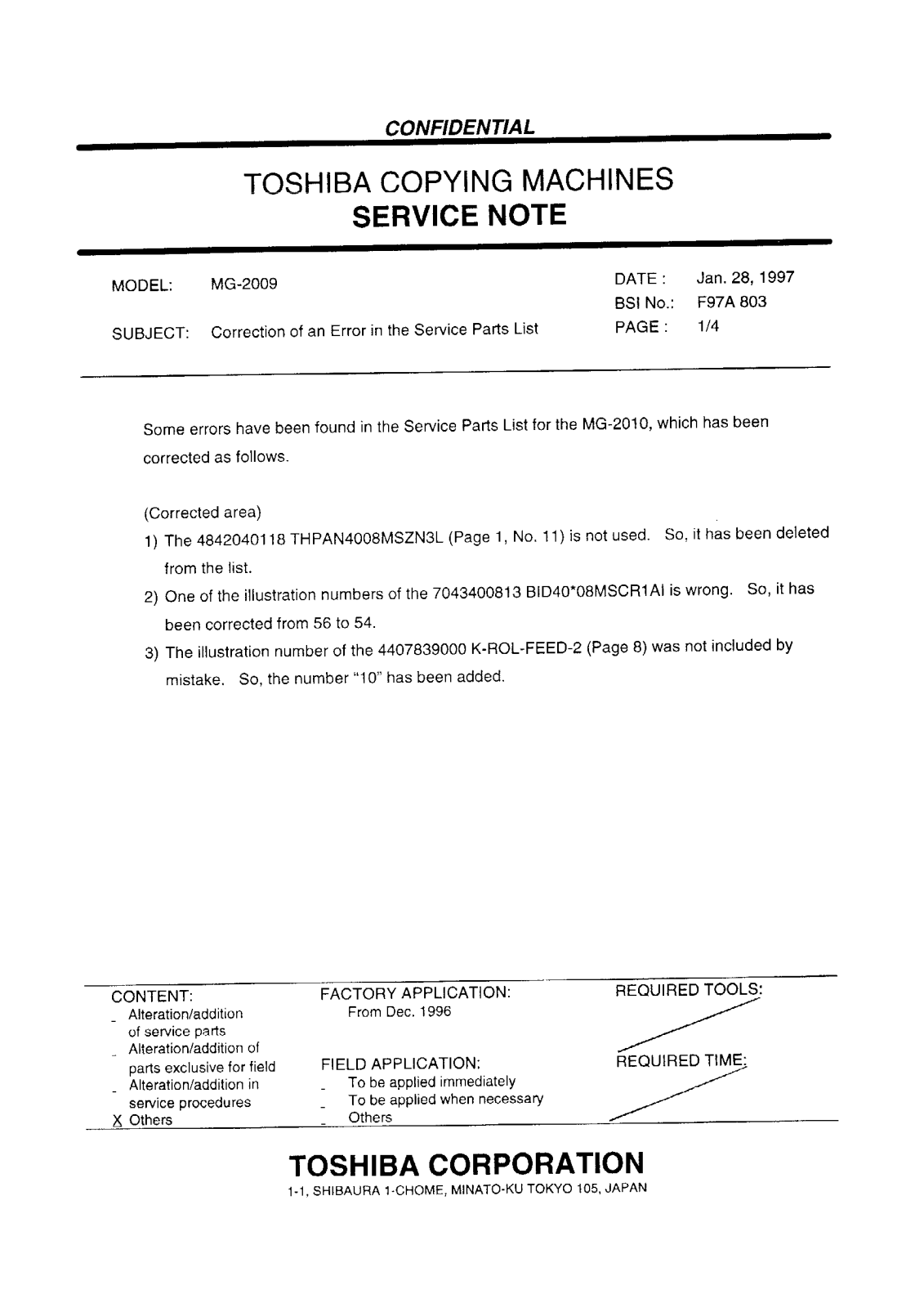 Toshiba f97a803 Service Note