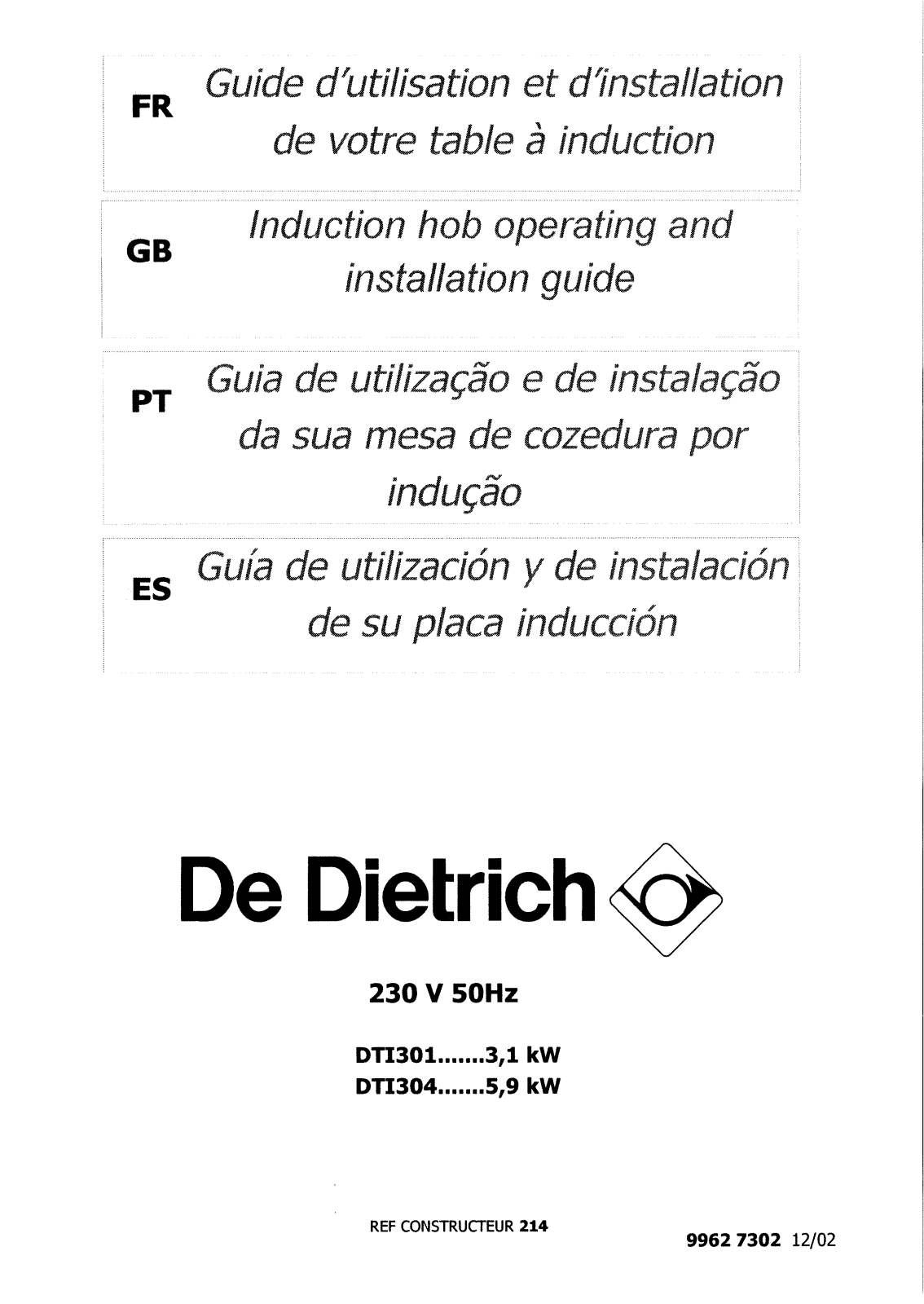 DE DIETRICH DTI304BE1 User Manual