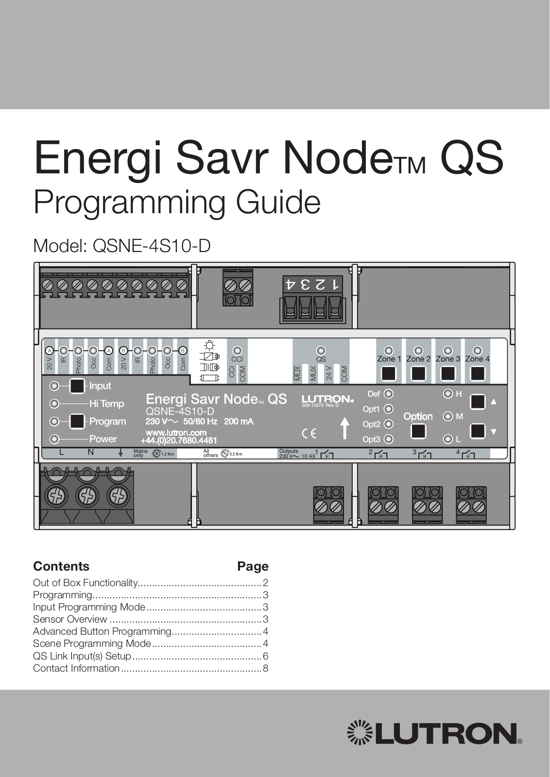 Lutron Electronics Energi Savr Node QS QSNE-4S10-D Programming Manual