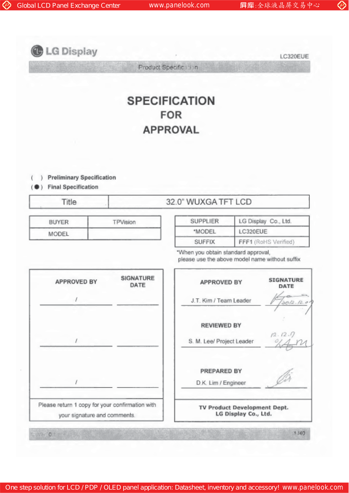 LG Display LC320EUE-FFF1 Specification