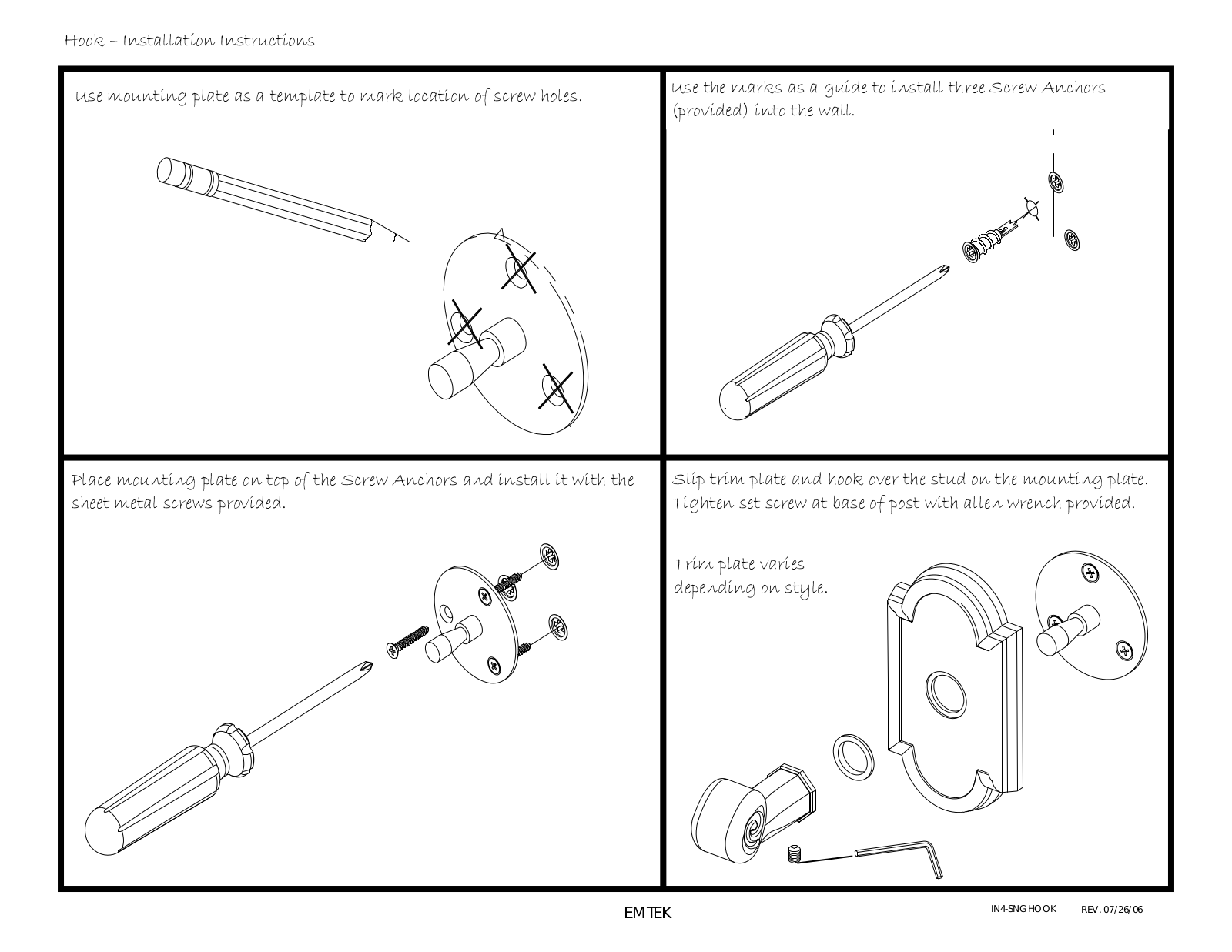 Emtek Single Hook User Manual