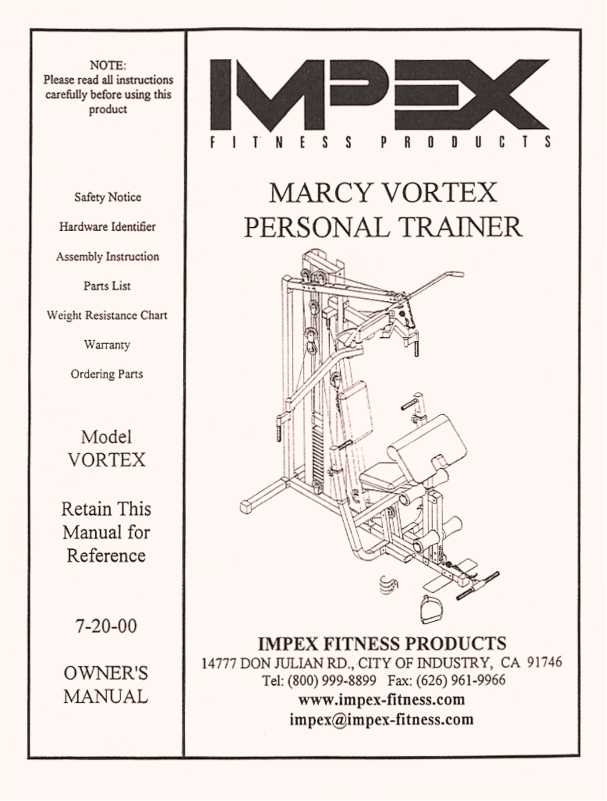 Impex Fitness Marcy Vortex User Manual