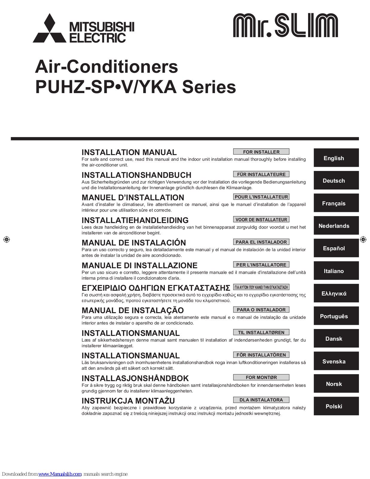 Mitsubishi Electric PUHZ-SP125V, PUHZ-SP140V, PUHZ-SP100, PUHZ-SP125, PUHZ-SP140Y Installation Manual