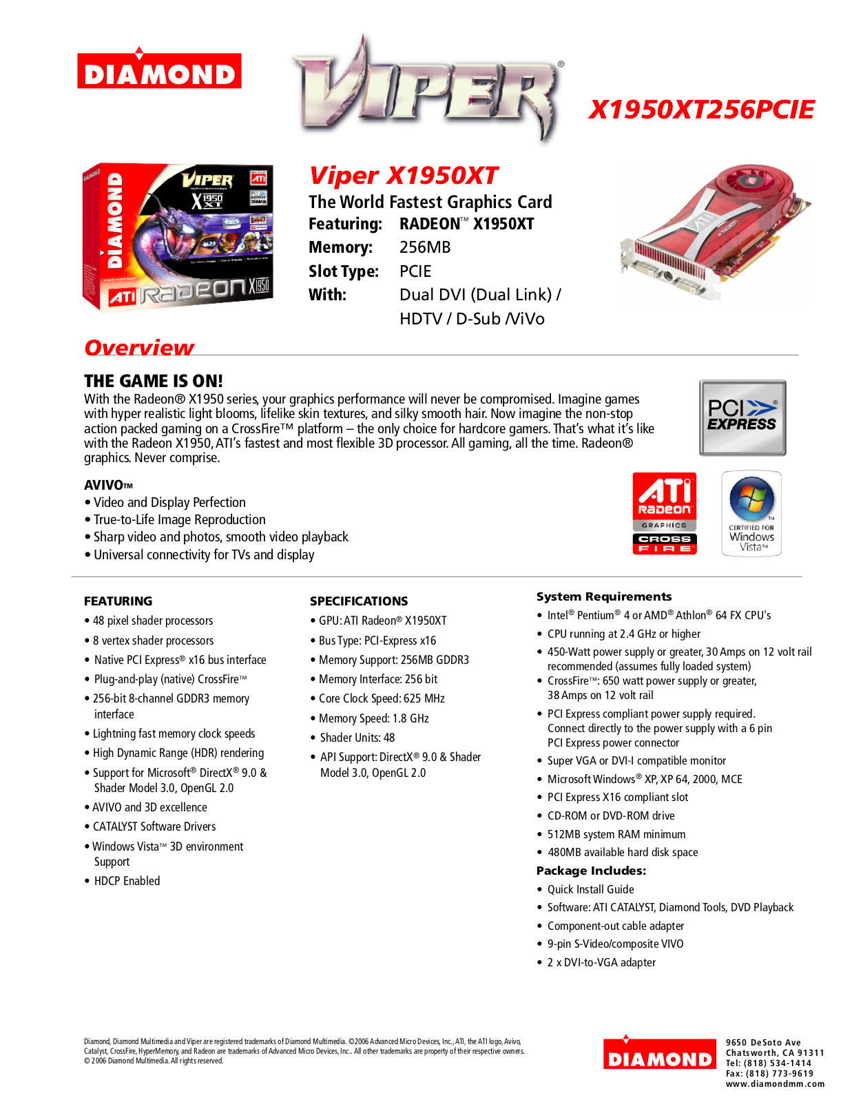 Diamond Multimedia X1950XT256PCIE, X1950XT User Manual