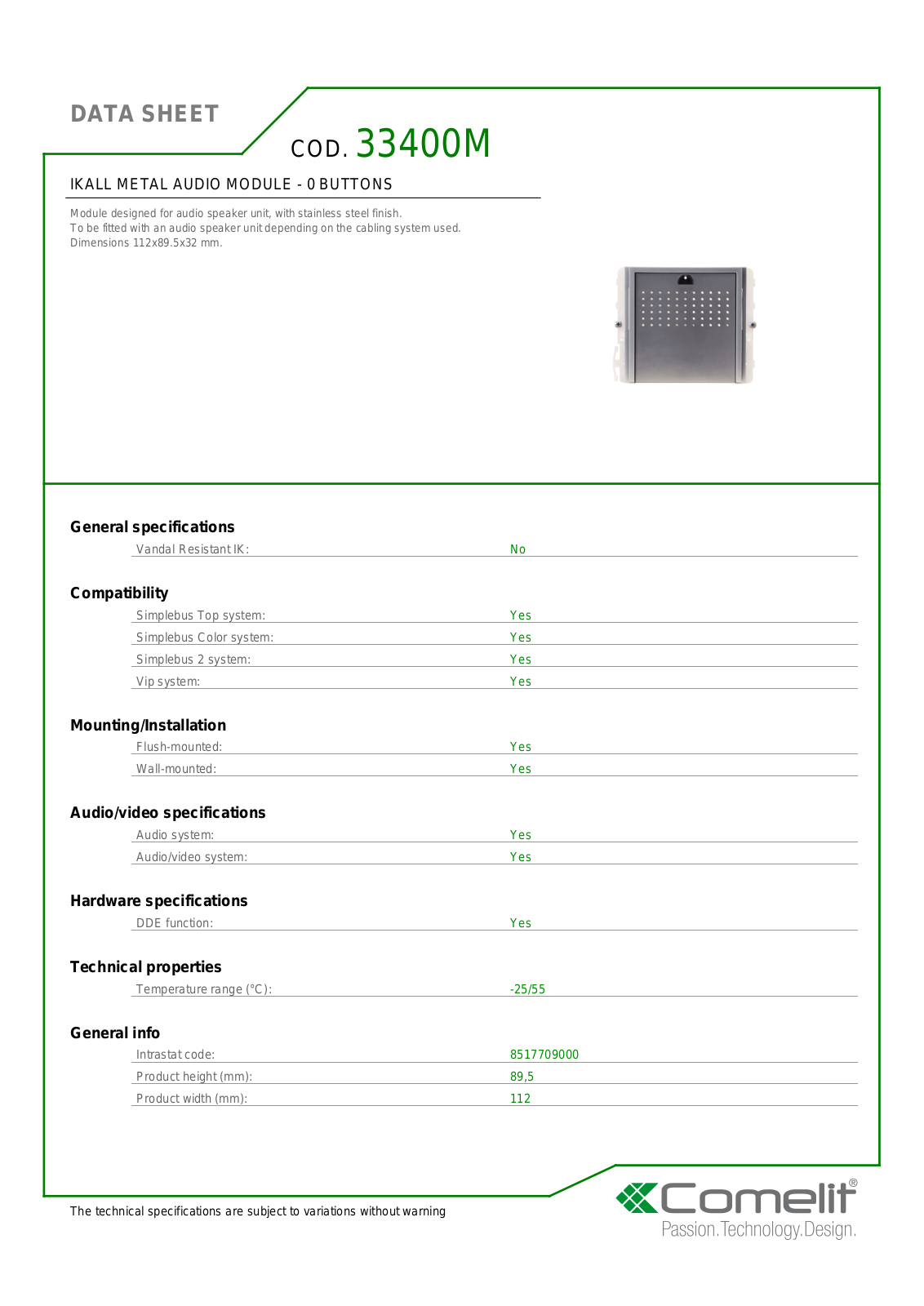 Comelit 33400M Specsheet - ManualMachine.com