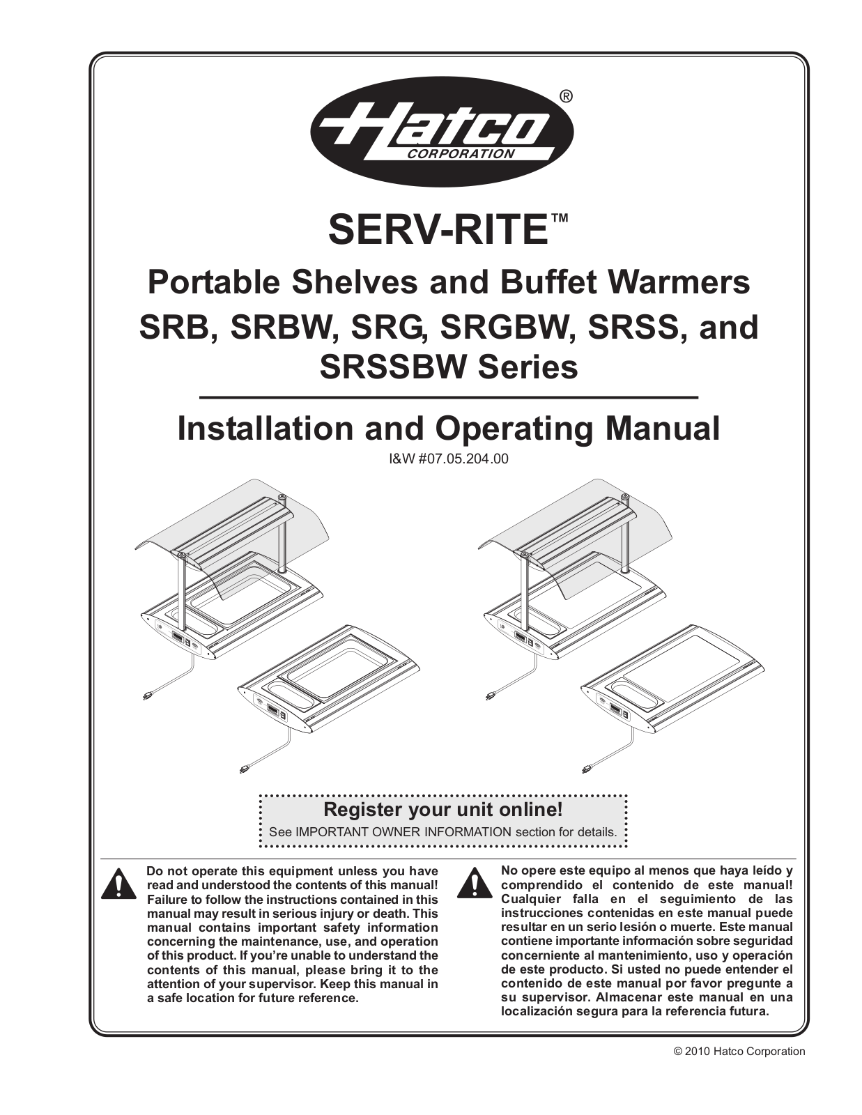 Hatco SRB Series, SRBW Series, SRG Series, SRGBW Series, SRSS Series Operation Manual