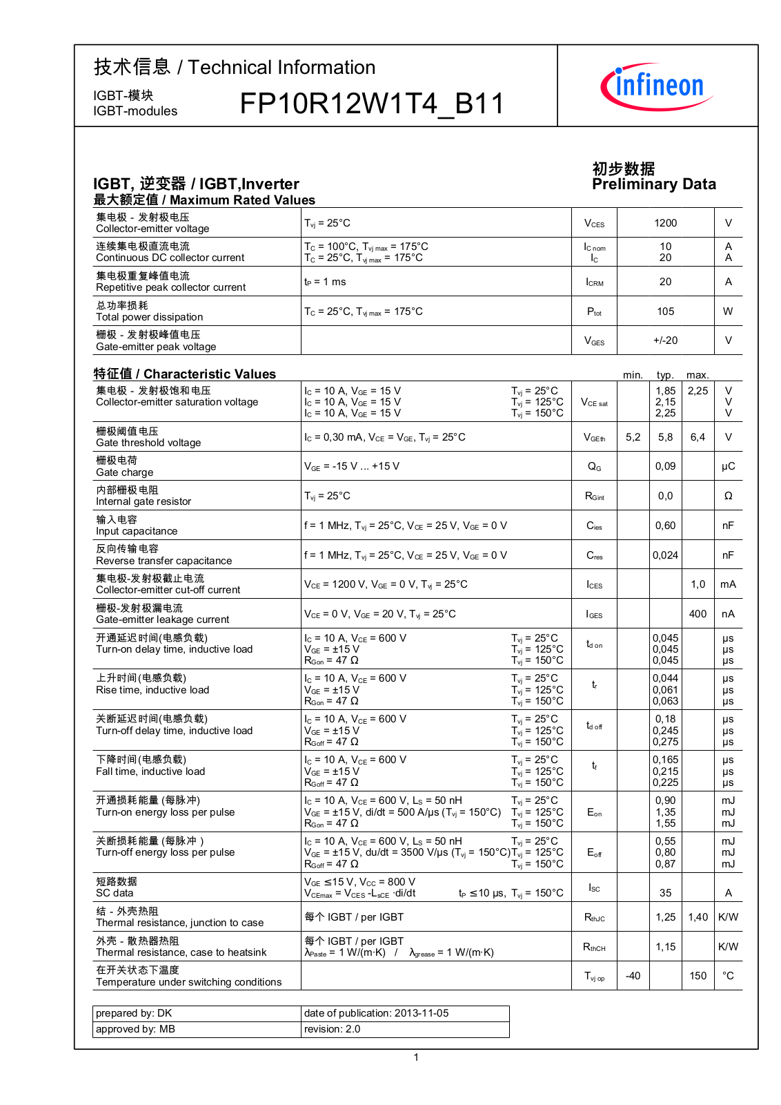 Infineon FP10R12W1T4-B11 Data Sheet