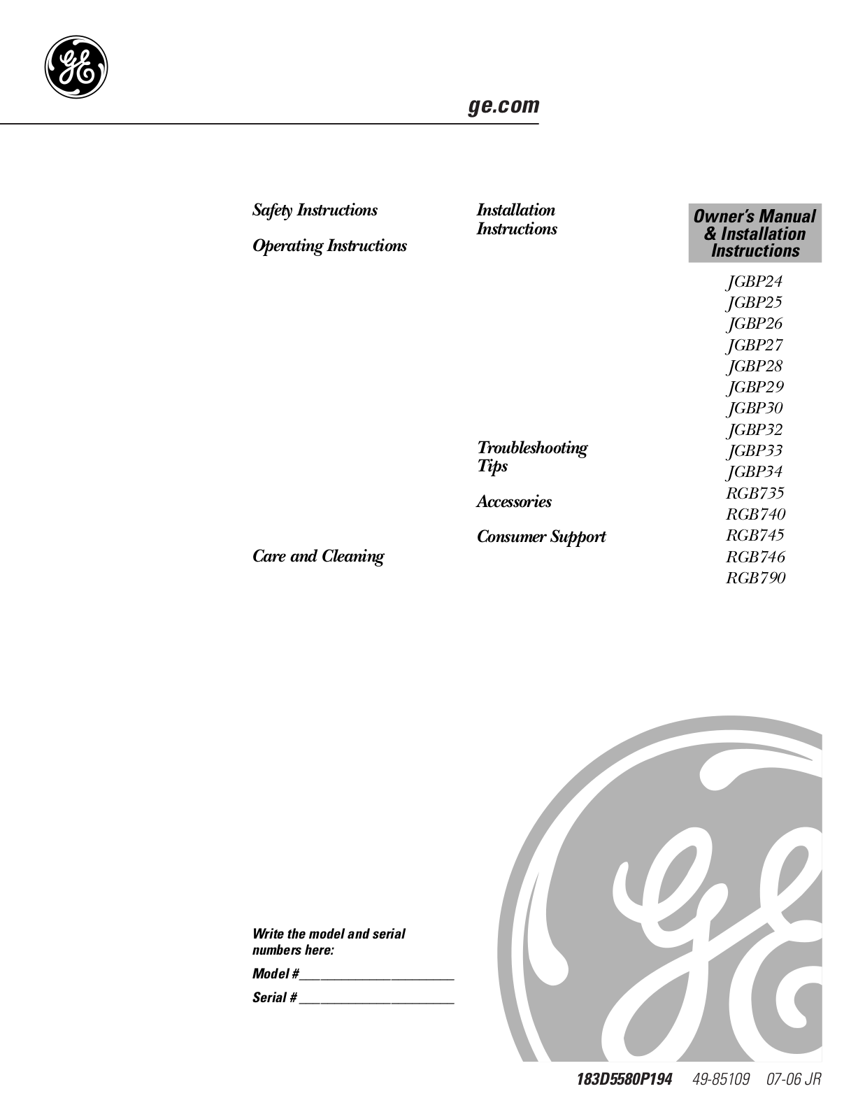 GE JCBP25, JCBP28, JCBP26, JCBP27, JCBP29 Installation And Owner's Instructions