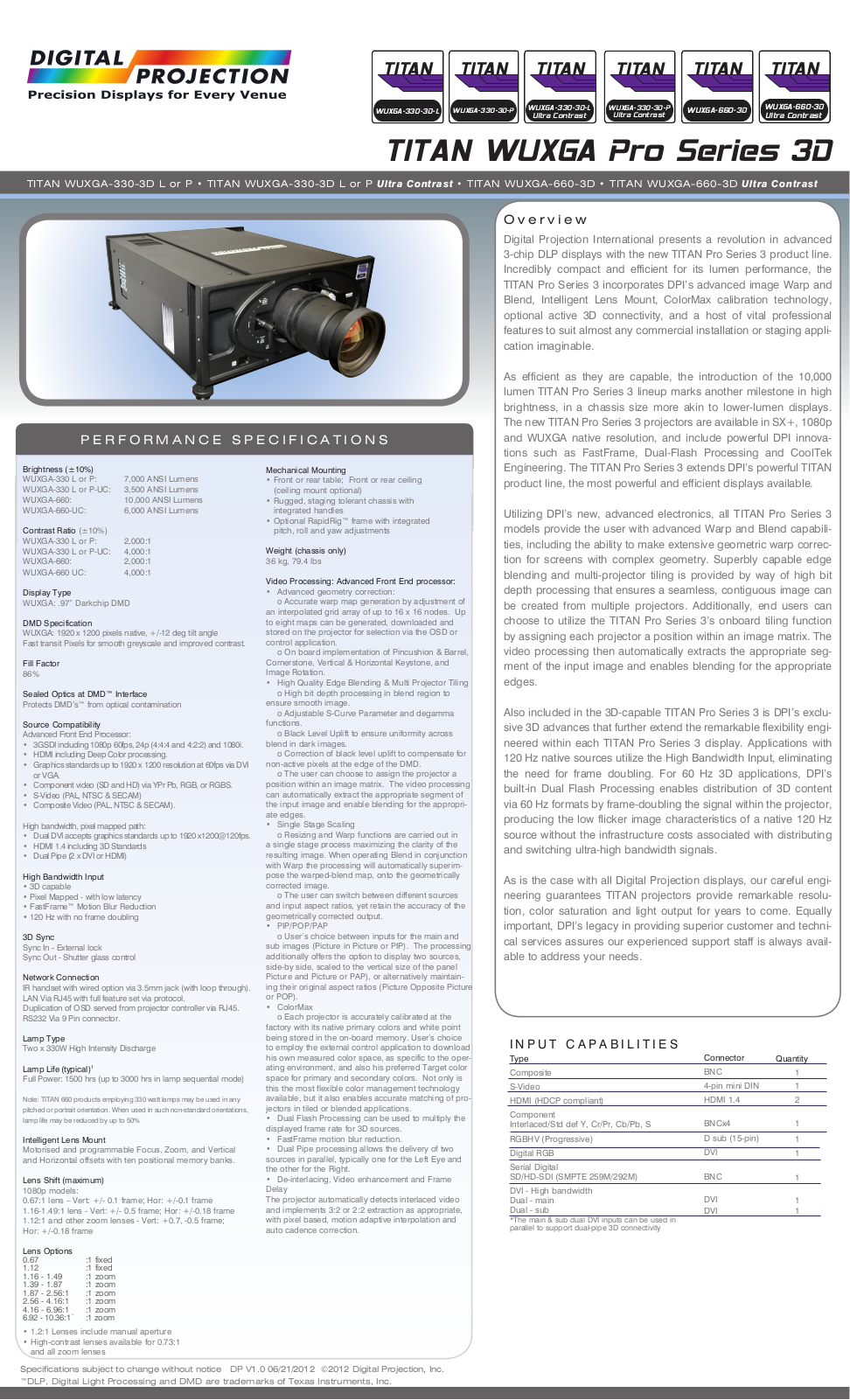 Digital Projection TITAN WUXGA 330 3D L, TITAN WUXGA 330 3D P, TITAN WUXGA 660 3D Product Sheet