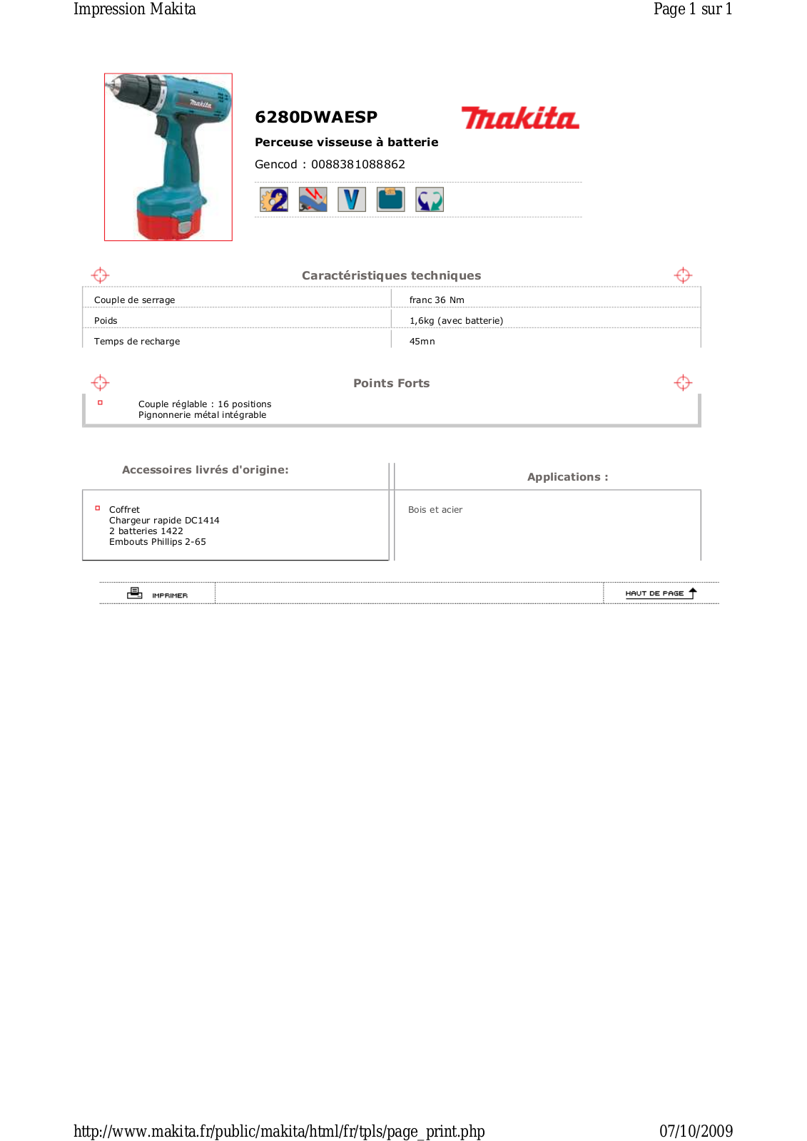 Makita 6280DWAESP TECHNICAL CHARACTERISTICS