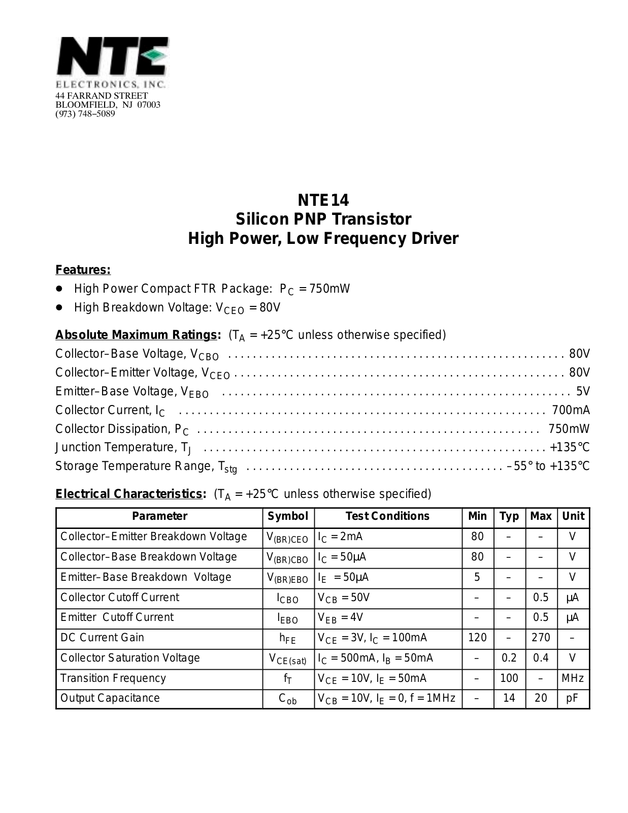 Datasheet NTE14 Datasheet (NTE) - ManualMachine.com