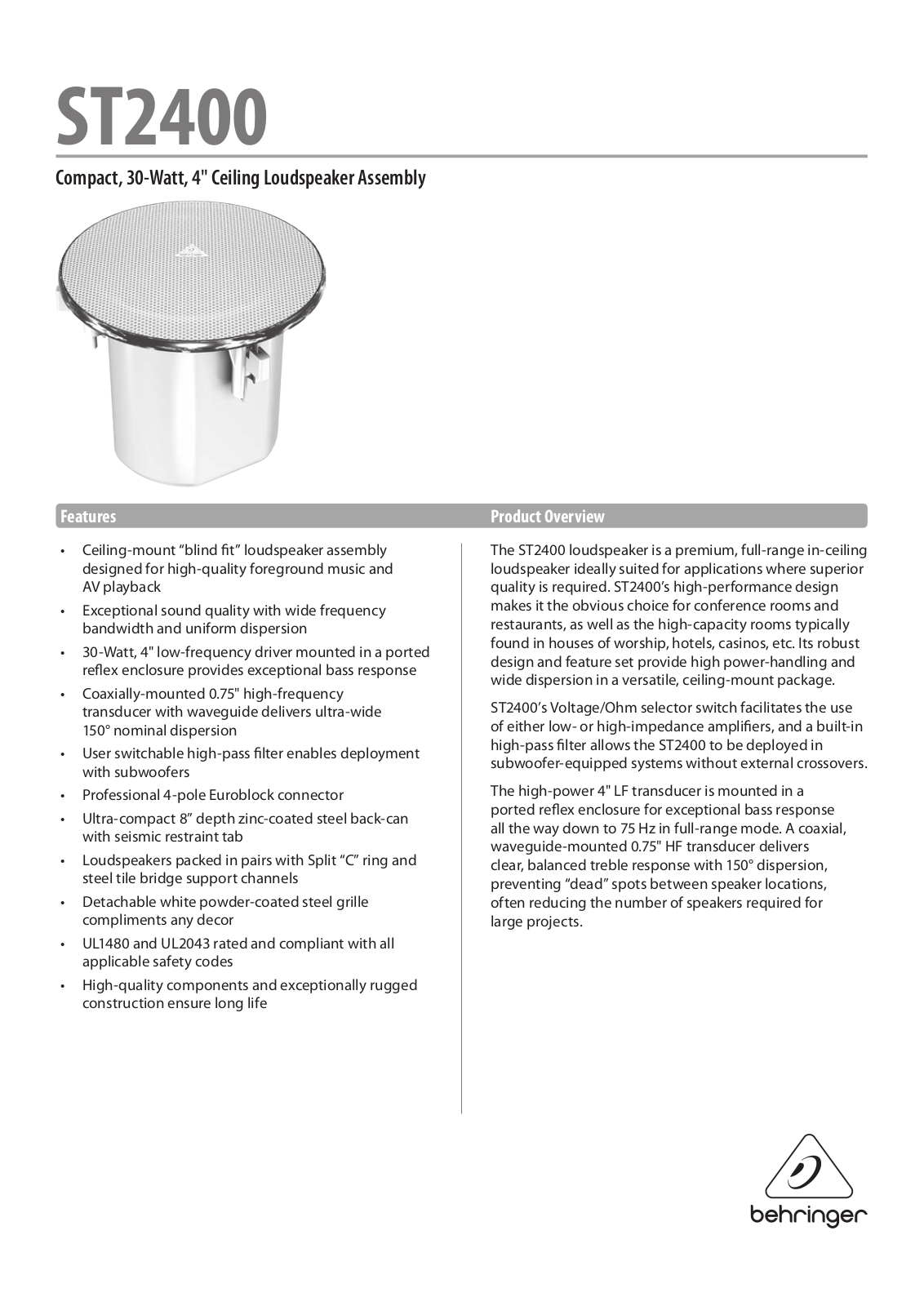 Behringer ST2400 Specification Sheet