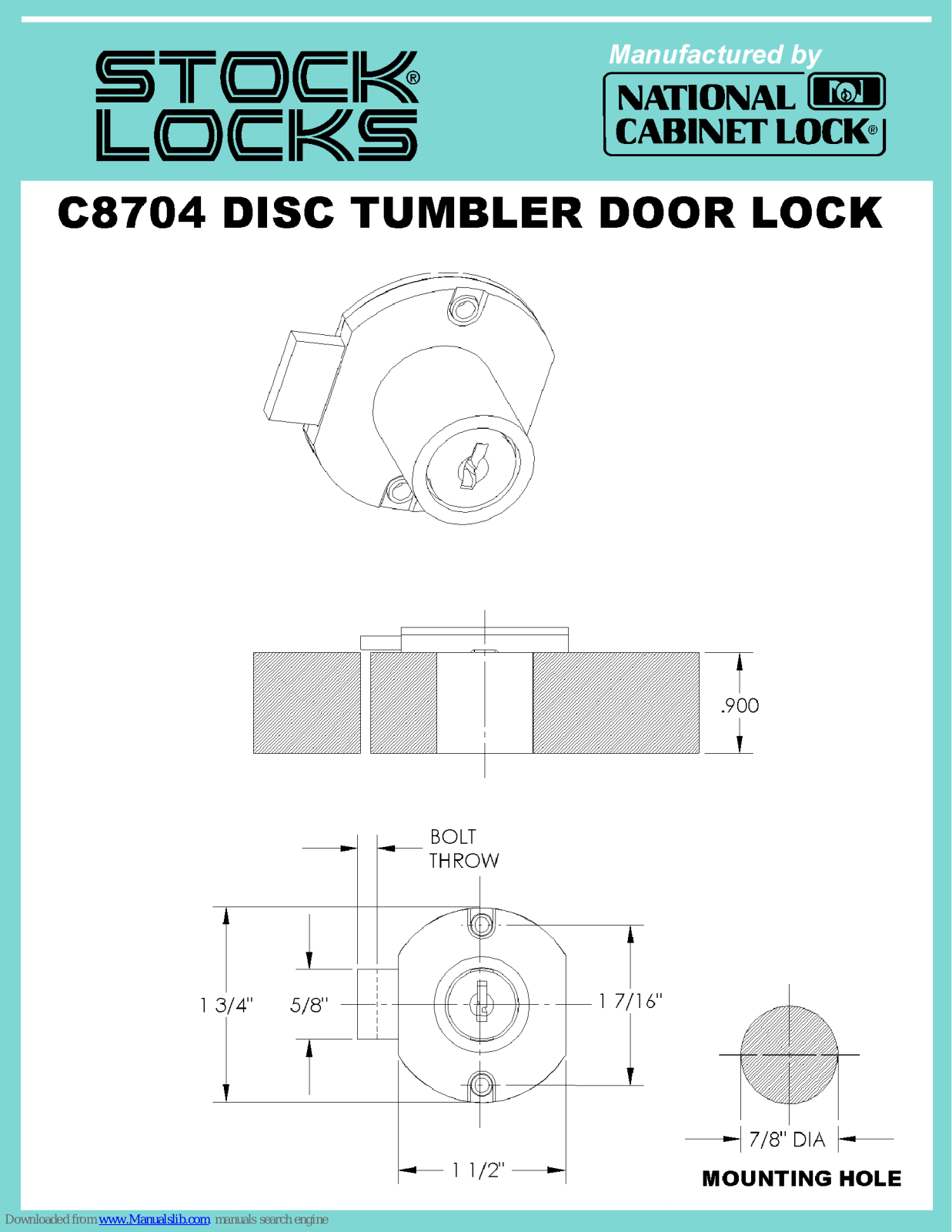 National Cabinet Lock C8704 Dimensional Drawing - ManualMachine.com