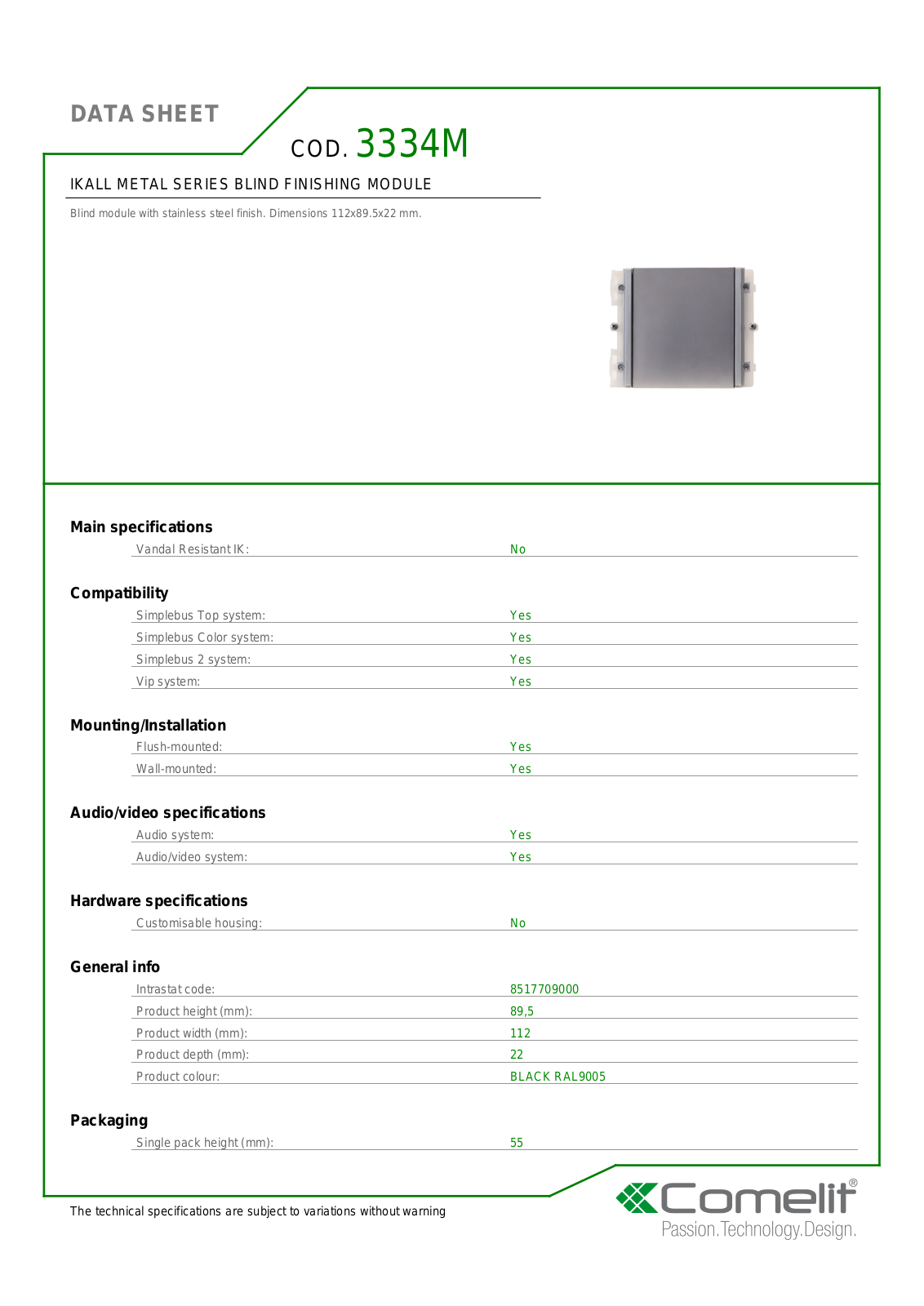 Comelit 3334M Specsheet