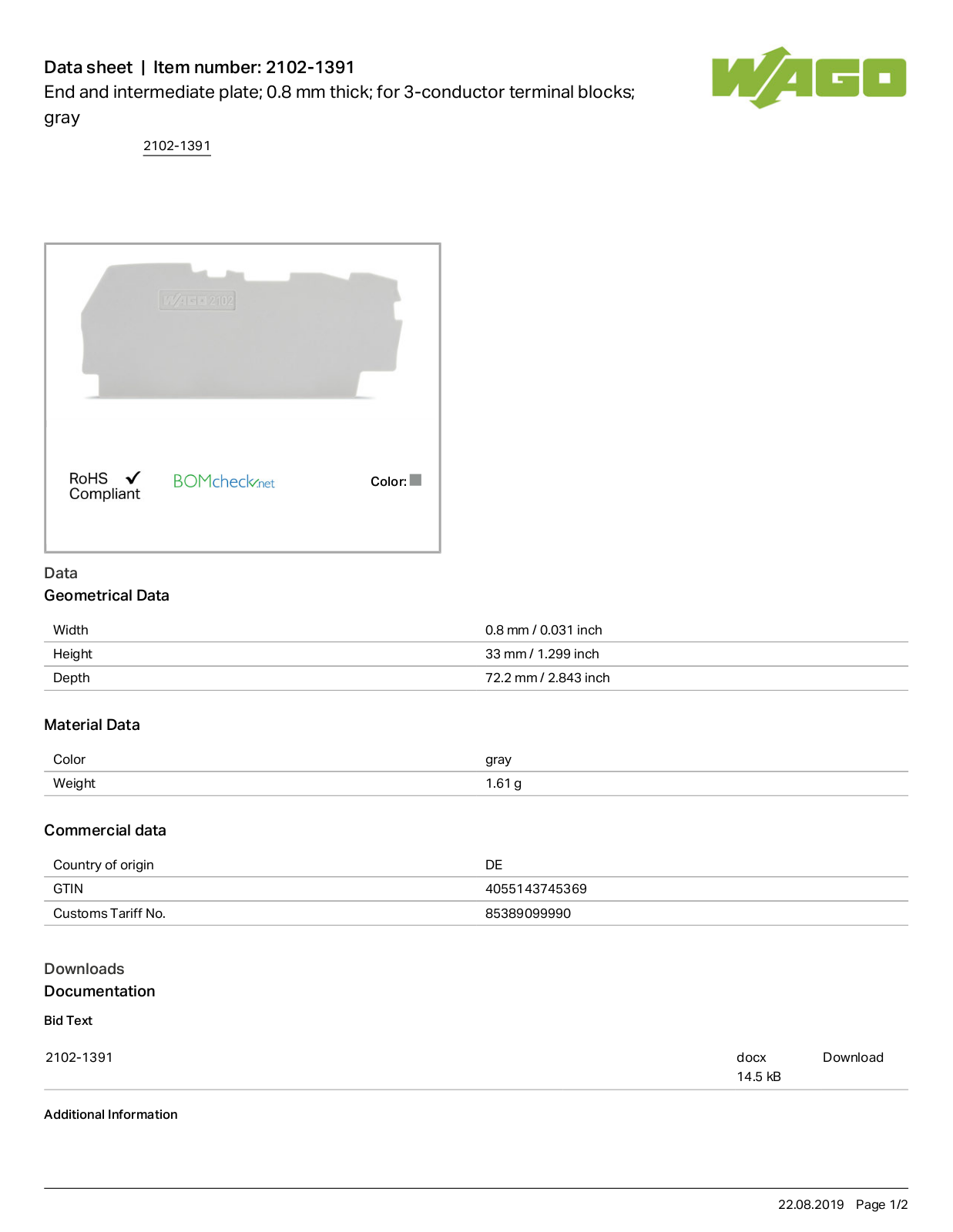 Wago 2102-1391 Data Sheet