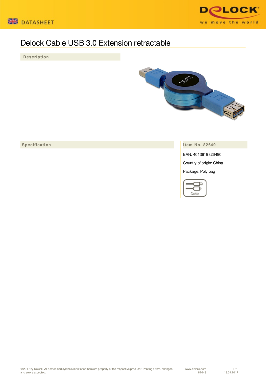 DeLOCK USB-A 3.0 to USB-A 3.0 extension cable with reel mechanism m-w 1m User Manual