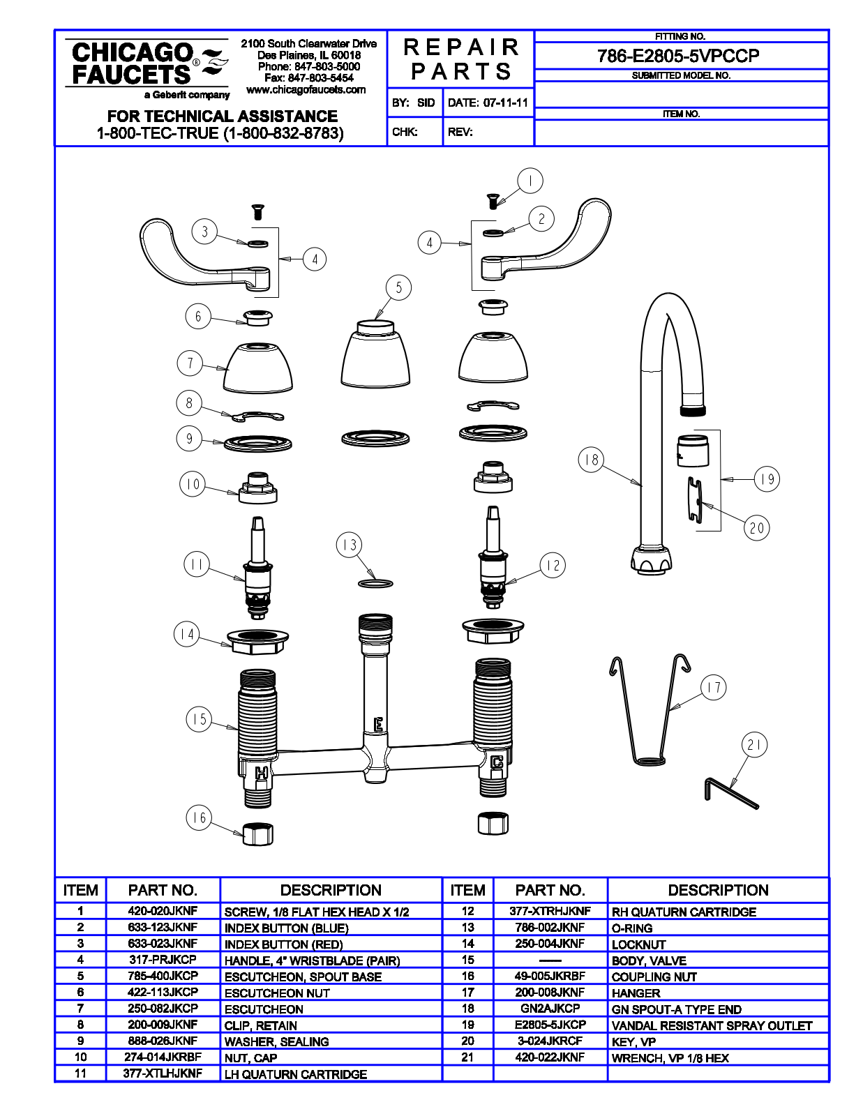 Chicago Faucet 786-E2805-5VPCCP Parts List