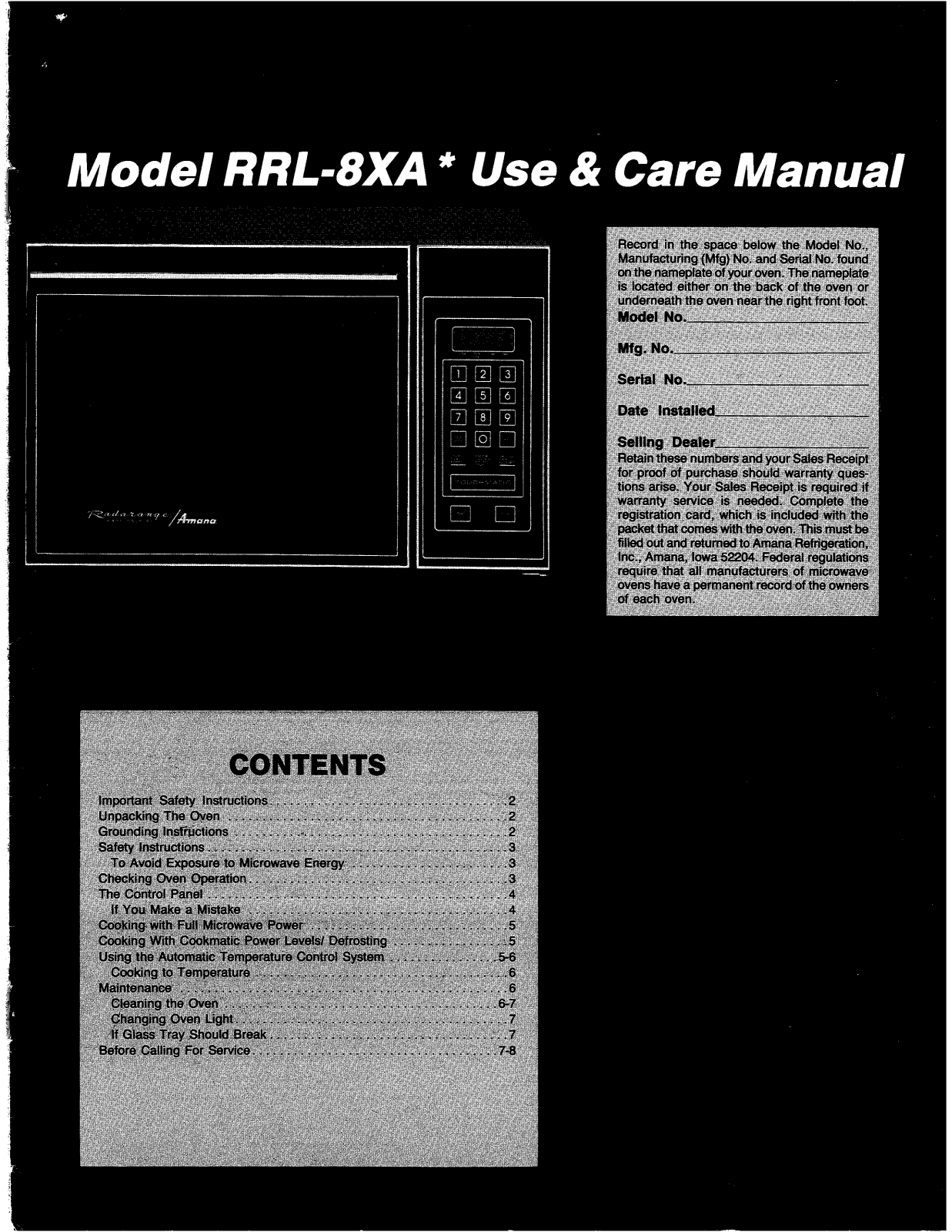 Amana CRRL-8XA-P76438-5M, RRL-8XA-P76438-4M Owner’s Manual