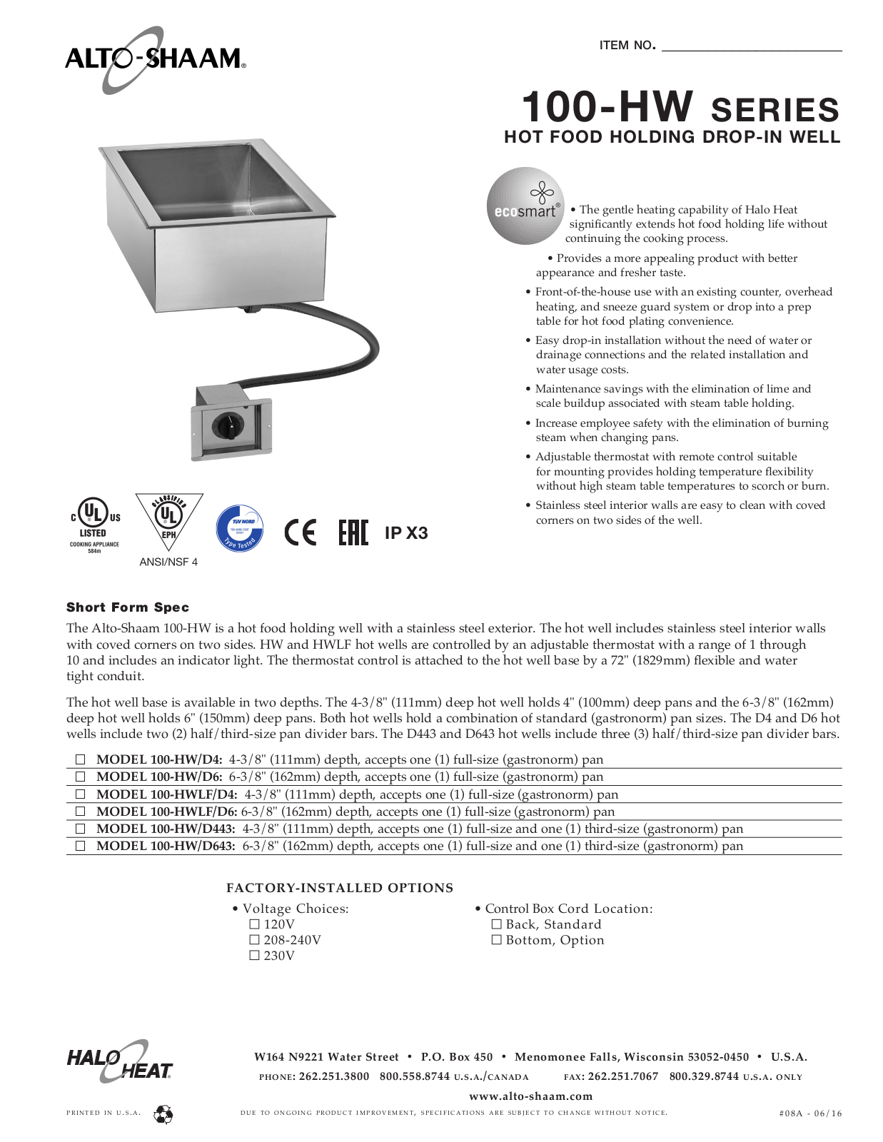 Alto Shaam 100-HW-D4 User Manual