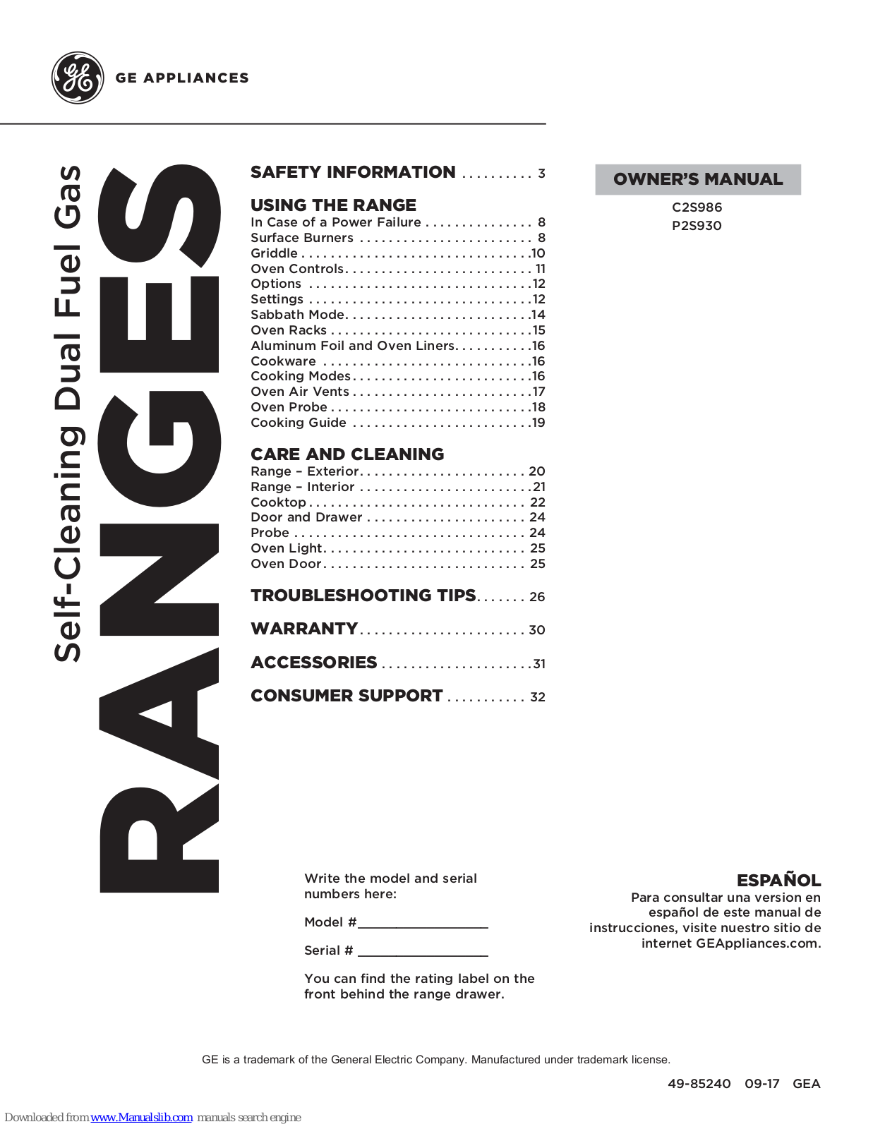 GE C2S986, P2S930 Owner's Manual