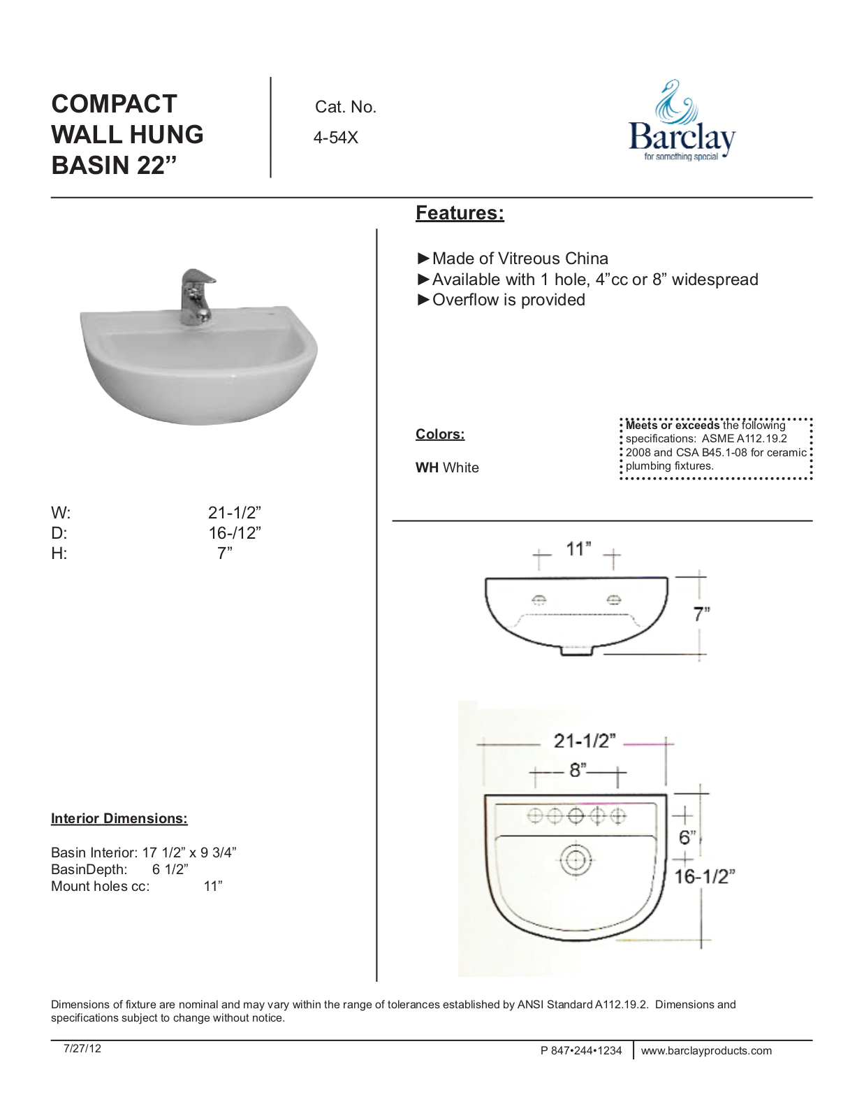 Barclay 4544WH Specifications