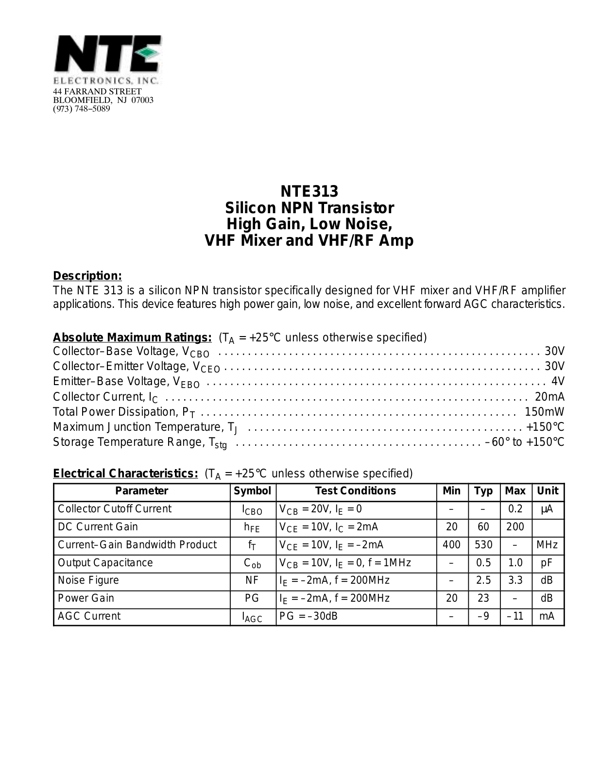 Datasheet NTE313 Datasheet (NTE) - ManualMachine.com