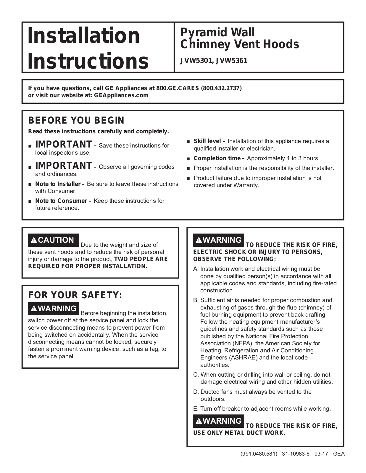 GE Profile JVW5361BJTS Installation Manual